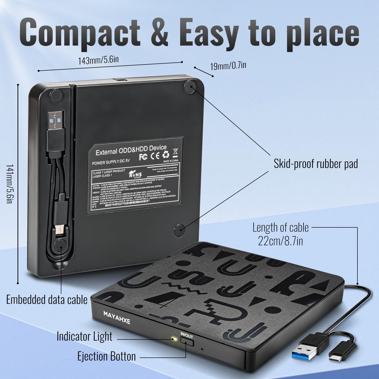 MAYAHXE External CD DVD Drive USB 3.0 Type C Portable Burner Player Reader Writer for Laptop PC BT520 Black