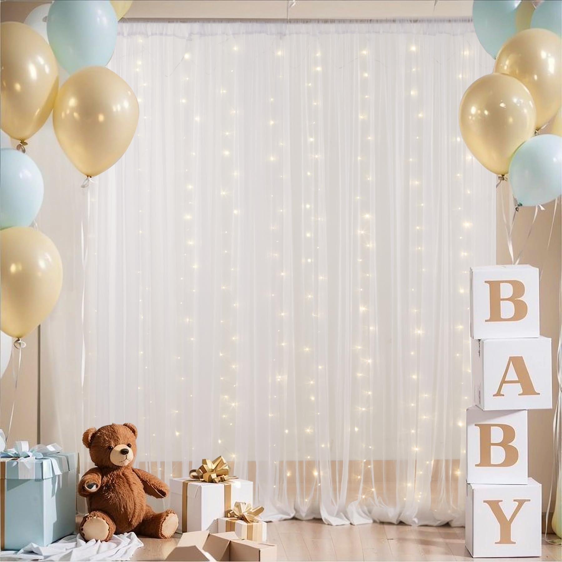 10X10Ft White Tulle Backdrop Curtain With Lights String For Parites, Sheer Backdrop Curtains For Wedding Baby Shower Birthday Pa