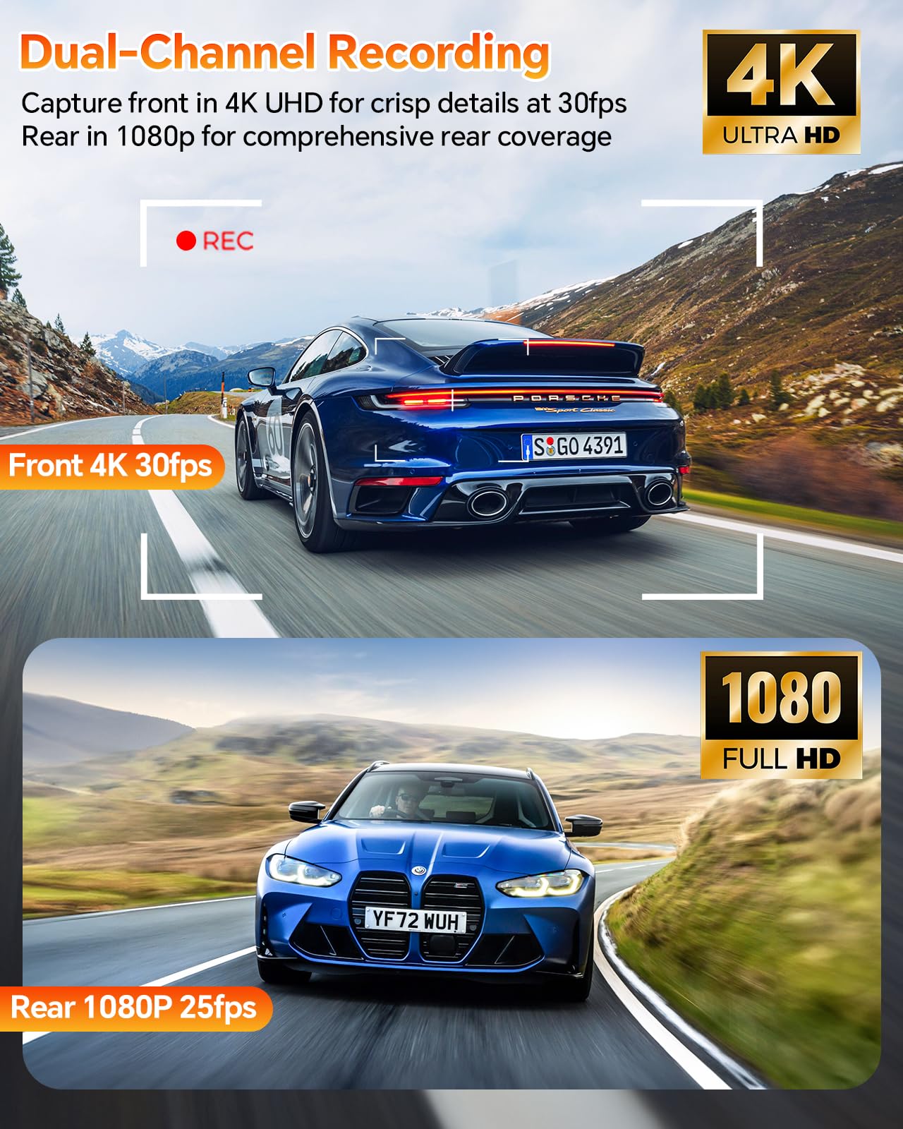 Dash Cam Front And Rear, 4K+1080P Dual Dash Camera For Cars With 64Gb Card, Built In Wifi & Gps, Dashboard Camera Dashcam With A