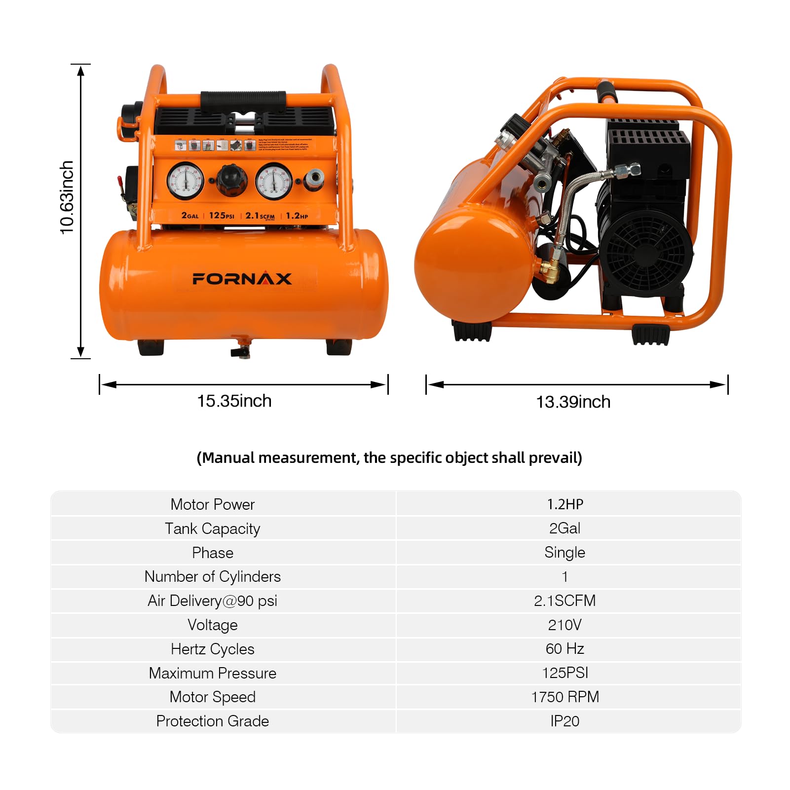 Fornax Air Compressor Portable 2 Gallon, 1.2 Hp 2.1 Scfm@ 90 Psi Oil Free, Max Pressure 135 Psi, 65 Db Silent Air Compressor For