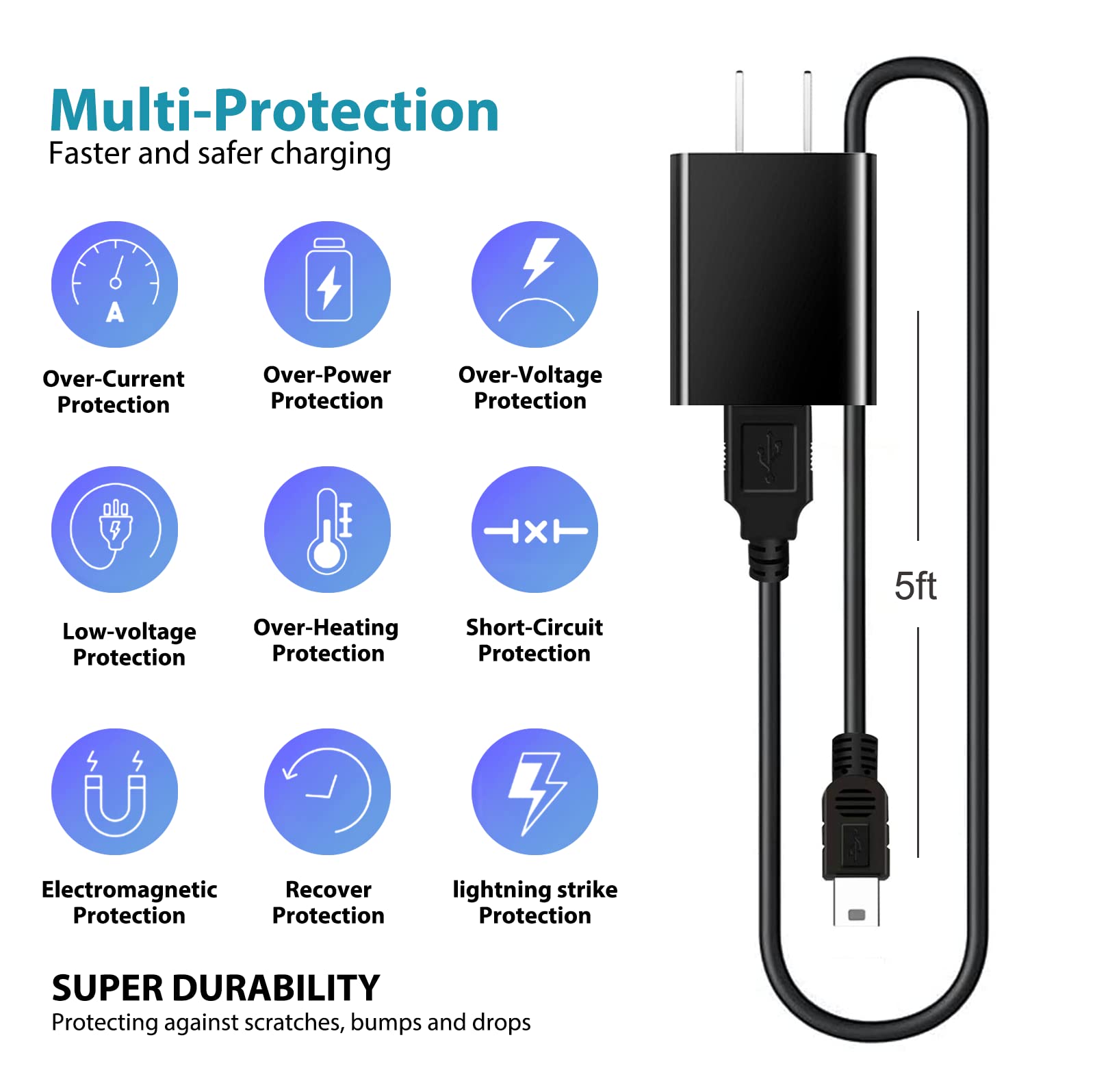 Mini Usb Wall Charger Ac Adapter Power Cord For Garmin Nuvi Drive 40Lm 50Lm 52 60 255W 265W 550 620 1300 1350 1450 2577Lmt 2597Lmt 2589Lmt 2599Lmt 2599Lmt 2689Lmt Dezl 570Lmt Traffic Sat Nav Gps