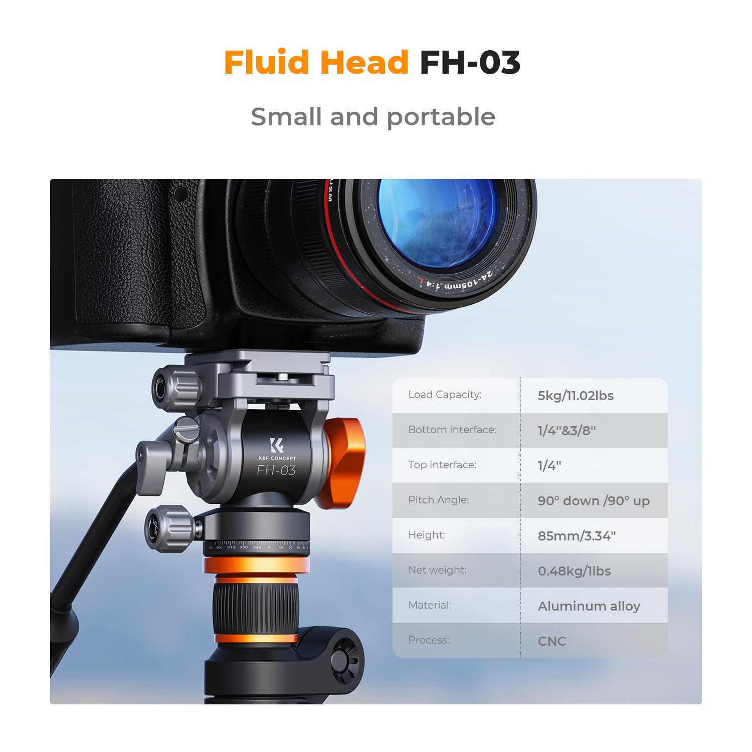 K&F Concept FH-03 Fluid Head, Stable Tripod for Pan & Tilt, Arca Swiss-Compatible, Max Load 11 lbs, Silky-Smooth Operation