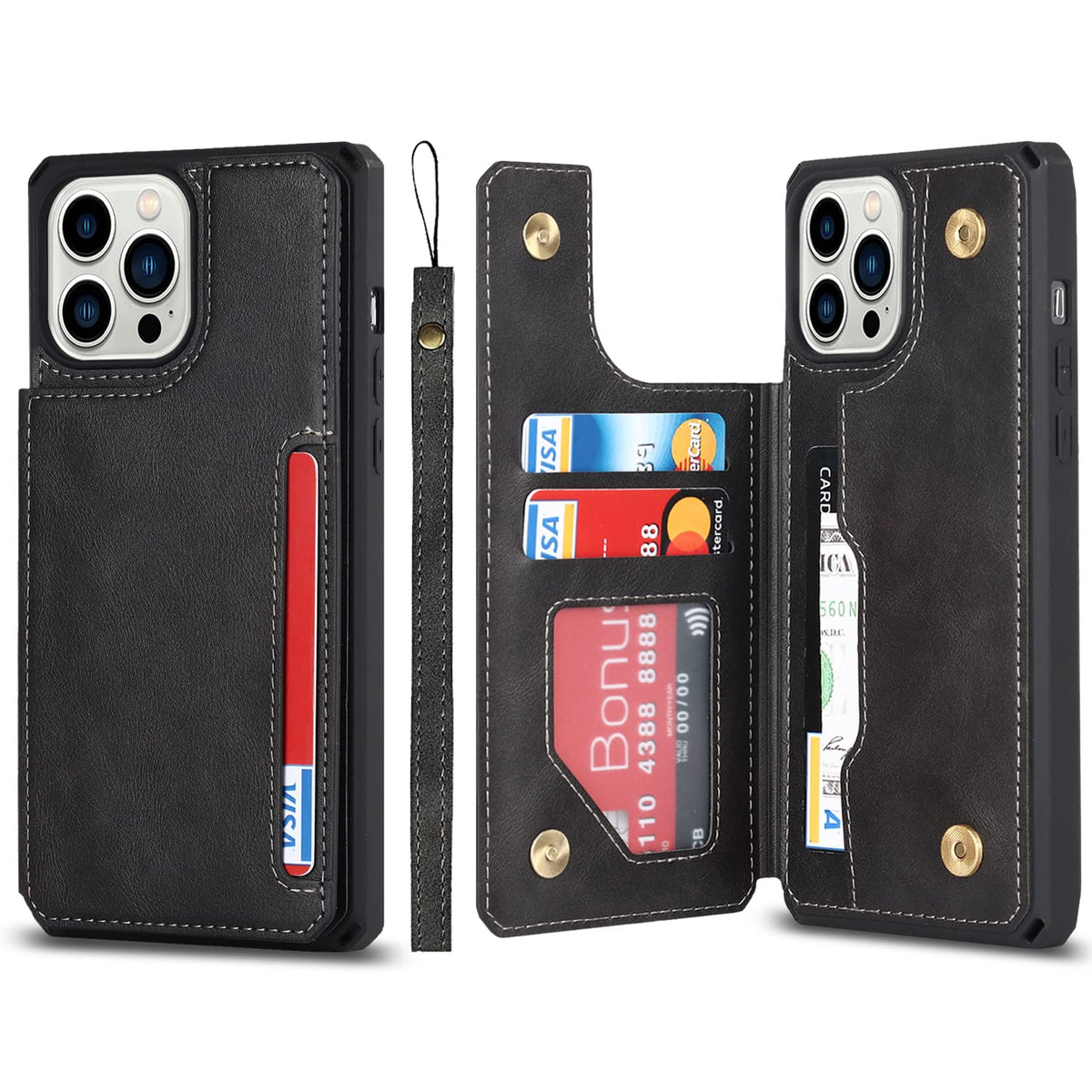 Cavor for iPhone 12 iPhone 12 Pro Wallet Case with Card Slots Holder,Polka dots PU Leather [Kickstand Feature][Wrist Strap] Doub