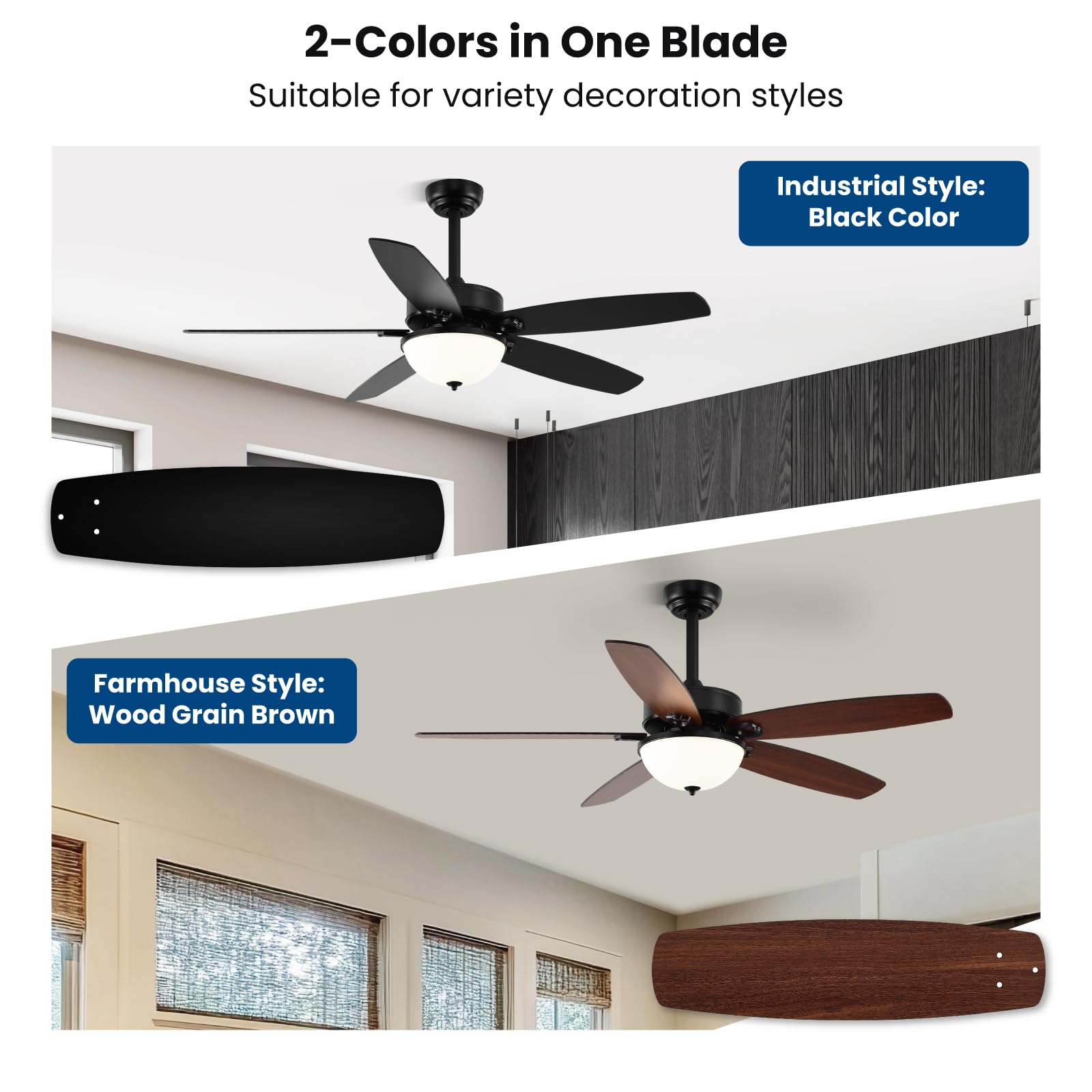 52 Inch Farmhouse Retro Ceiling Fans With Lights And Remote For Bedroom Dining Room Living Room Indoor/Outdoor, 3Cct Dimmable, D