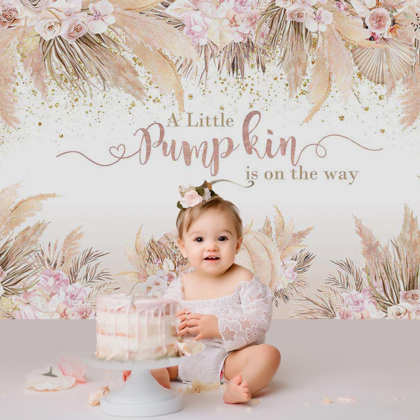 Mocsicka Boho Pumpkin Baby Shower Backdrop For Girl 7X5Ft Fall Pink Floral Little Pumpkin Baby Shower Decorations A Little Pumpk