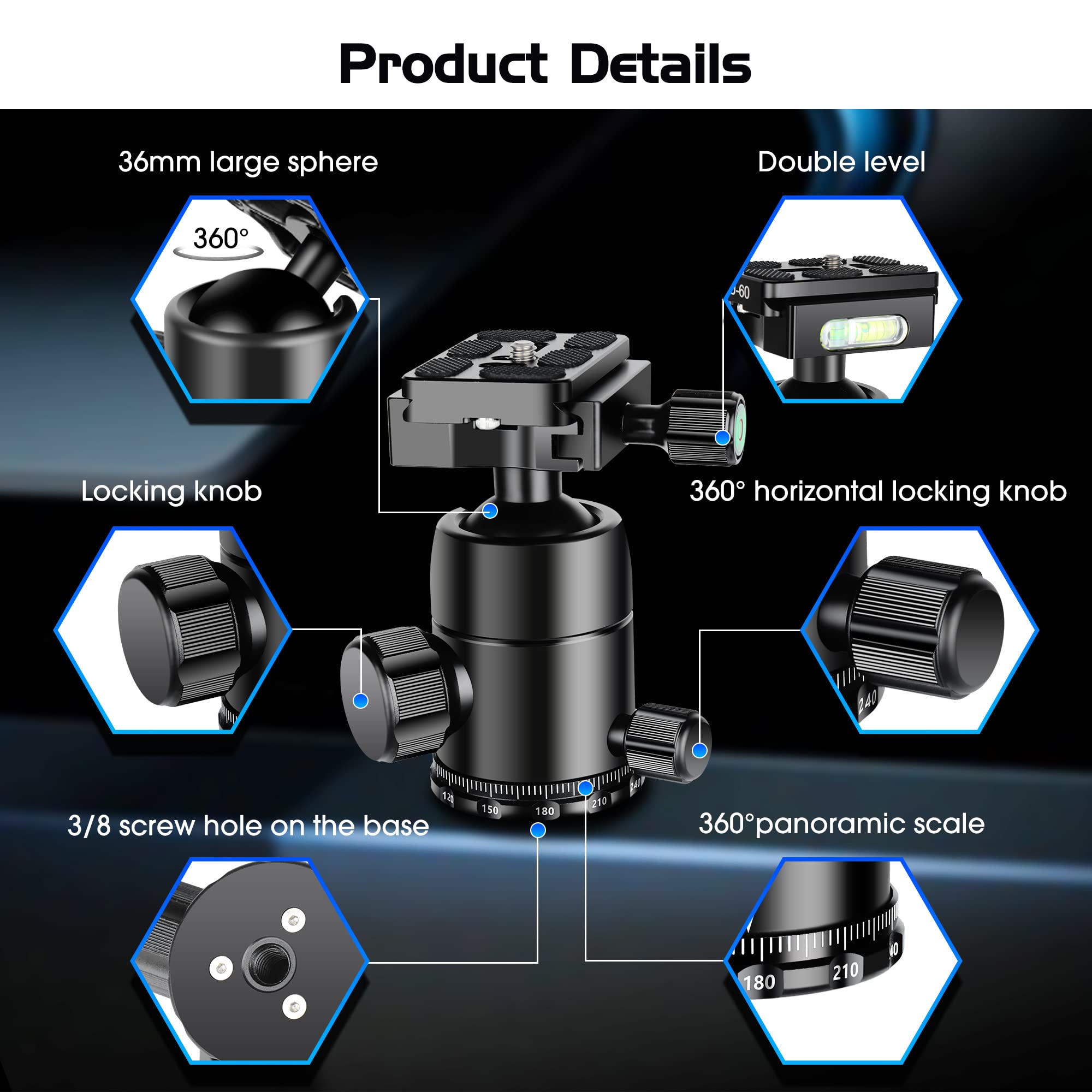 Manbily Ball Head For Shooting Stick Tripod, Cnc Metal Aluminum Clamp Rest Head For Hunting, 360� Panoramic Ball Head For Dslr Camera, Load Up To 33Lbs/15Kg