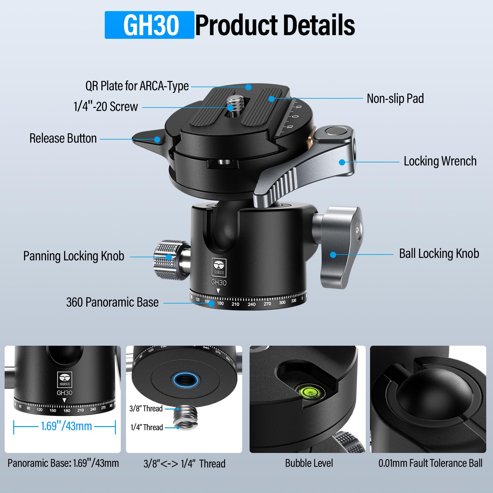 Sirui Quick Release System Low Profile Tripod Head, 360� Panoramic Metal Camera Ball Head Mount With 1/4' And 3/8' Threaded Hole For Monopod, Dslr, Phone, Max Load 22Lbs/10Kg, Gh30