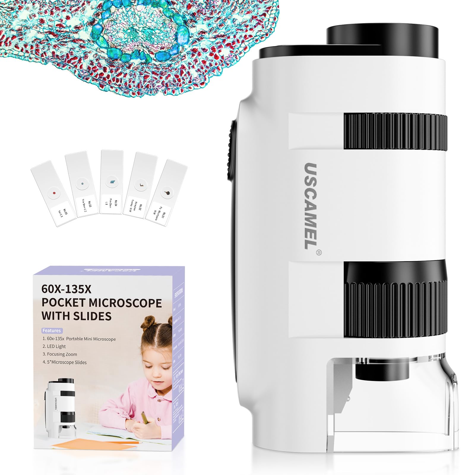Pocket Microscope For Kids And Adults   135X Mini Microscope, Portable Handheld Minimicroscope With 5 Microscope Slides, Perfect