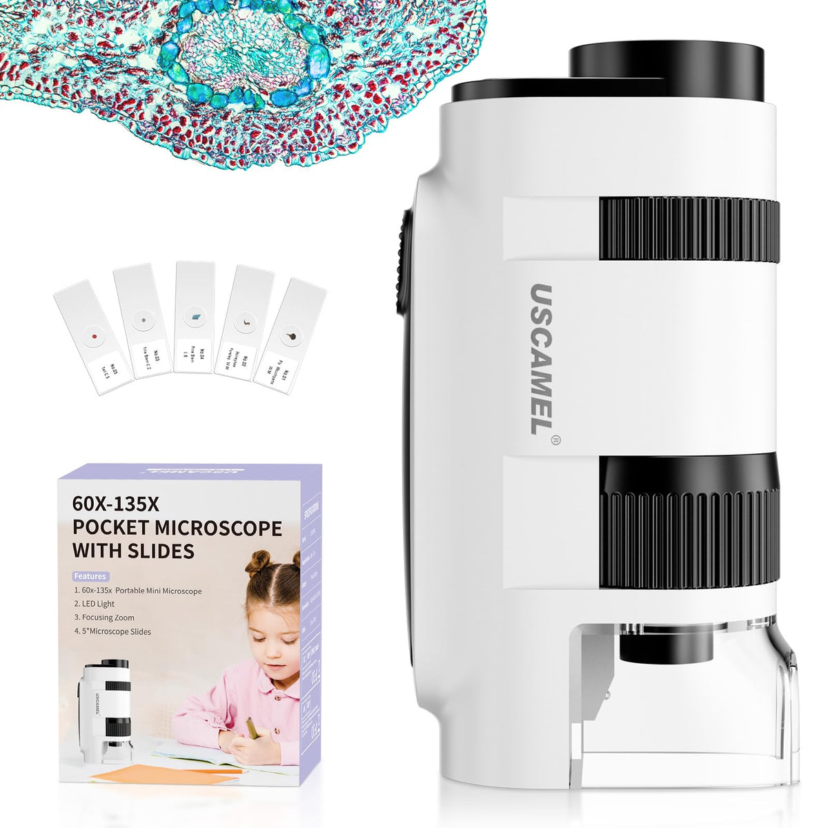 Pocket Microscope For Kids And Adults   135X Mini Microscope, Portable Handheld Minimicroscope With 5 Microscope Slides, Perfect