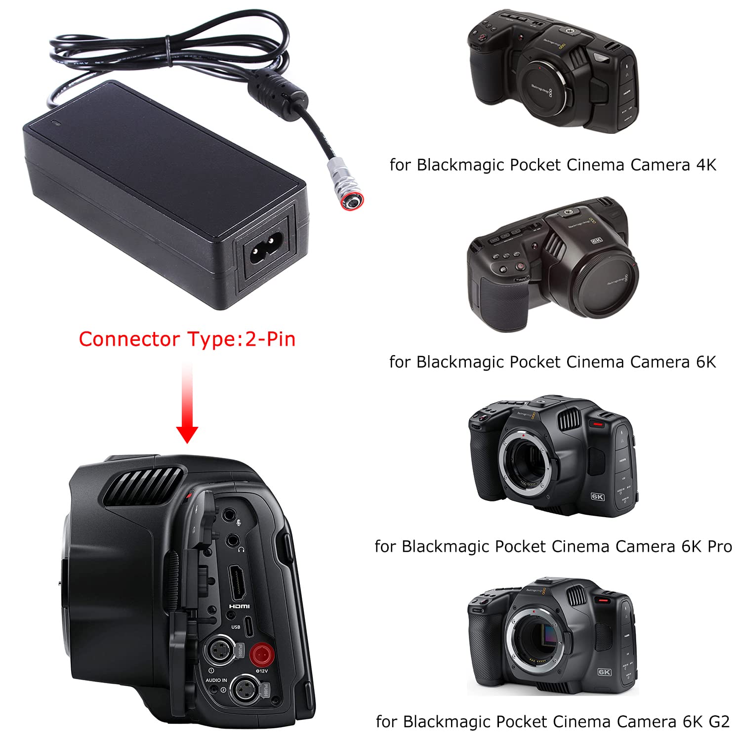 Foto4Easy Ac Power Adapter Cable 12V 3A For Blackmagic Pocket Cinema Camera 4K 6K 6K Pro 6K G2 Bmpcc 4K 6K 6K Pro 6K G2 Camera