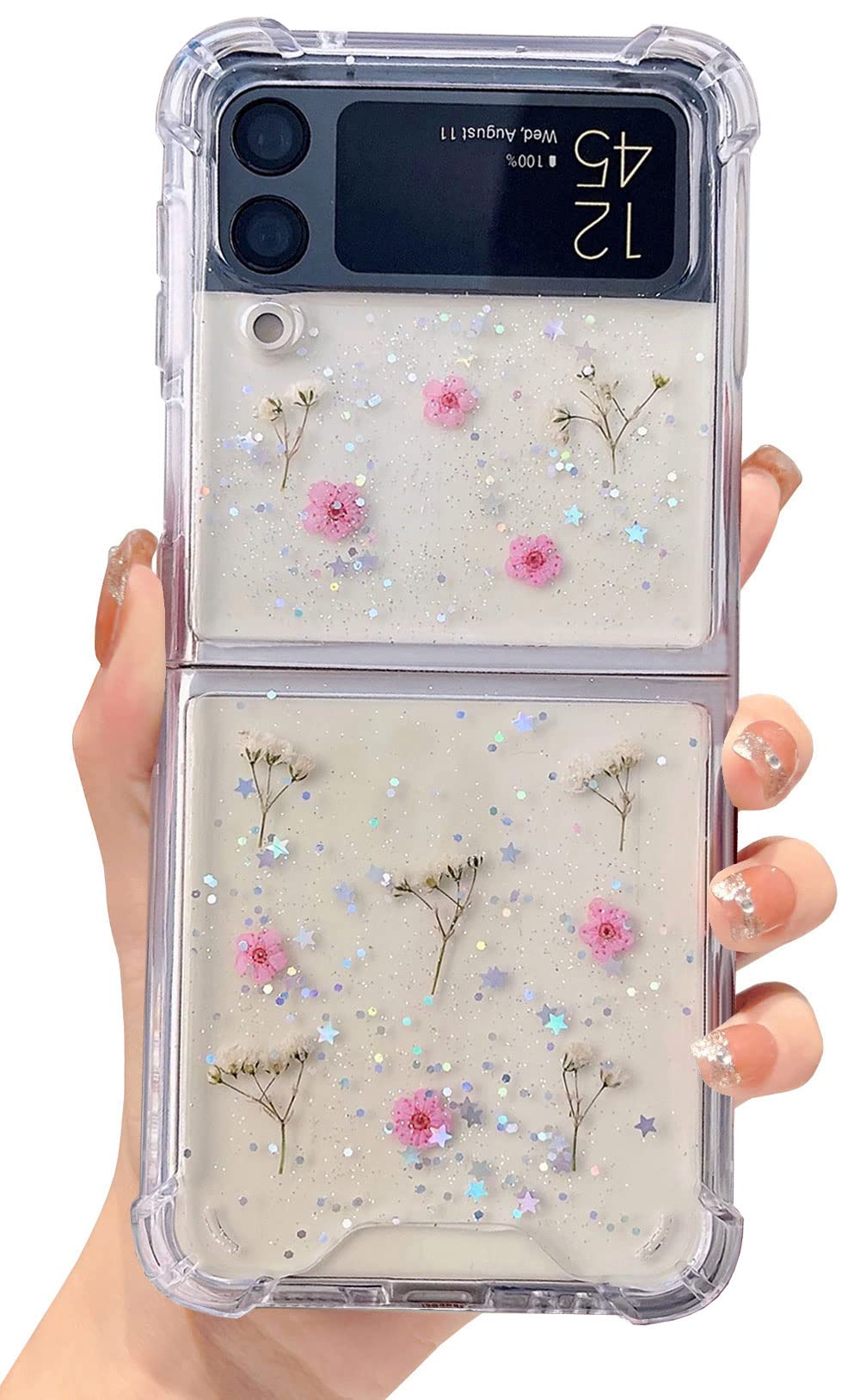 Abbery for Samsung Galaxy Z Flip 4 5G Case Clear with Design, Cute Floral Stars Moon Sparkle Glitter TPU & PC Transparent Dried 