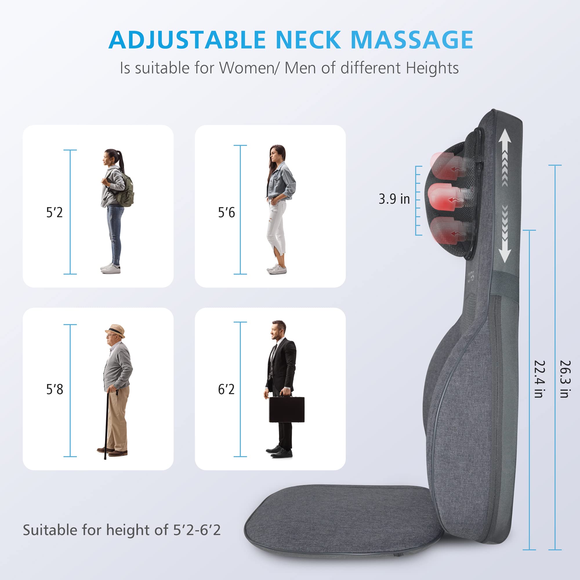 Comfier Neck Back Massager With Heat, Height Adjustable Chair Massager Seat Cushion For Neck Shoulders, Shiatsu Massage Chair Pa