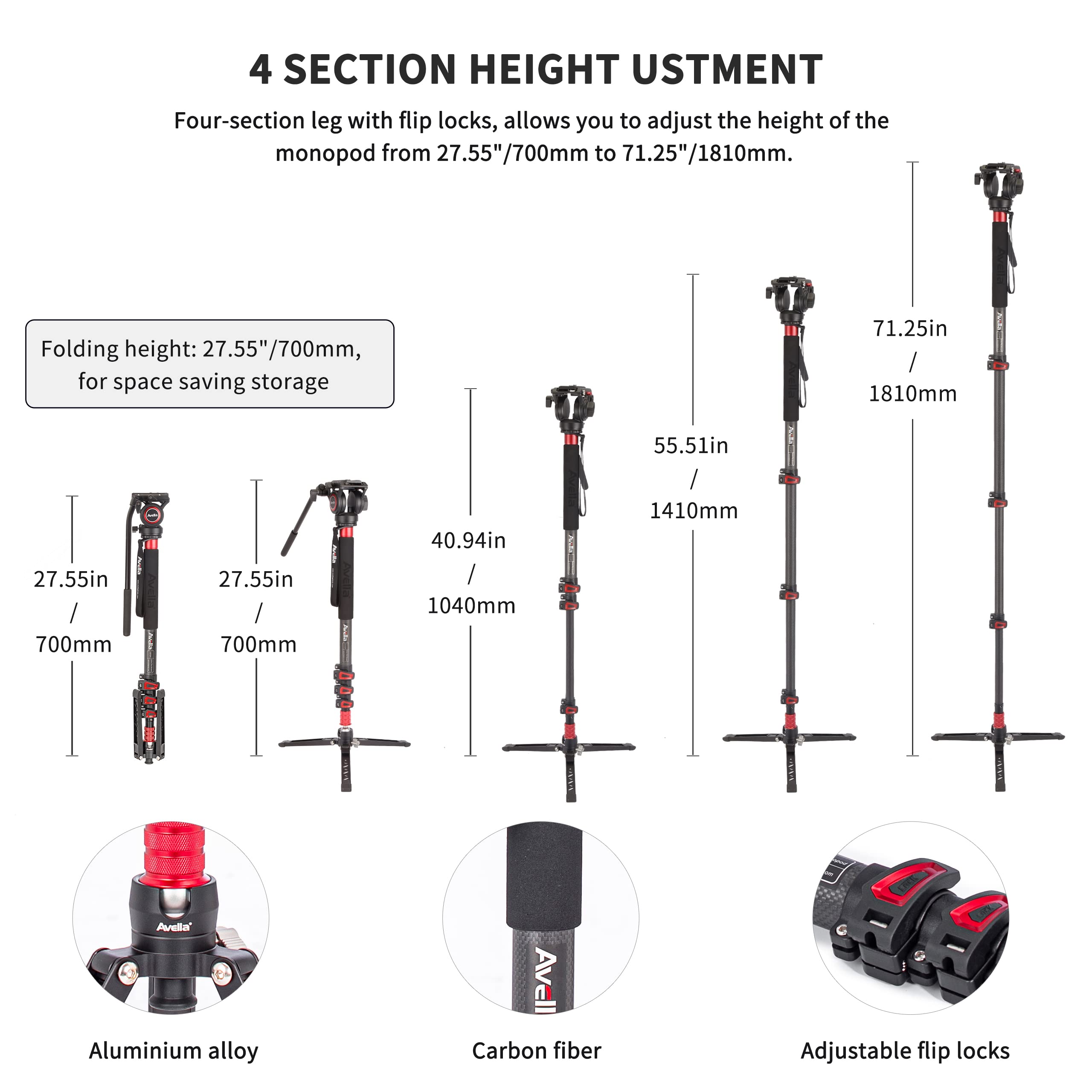 Avella Cd324 Carbon Fiber Video Monopod Kit, With Fluid Head And Removable Feet, 71 Inch Max Load 13.2 Lb For Canon Nikon Sony O