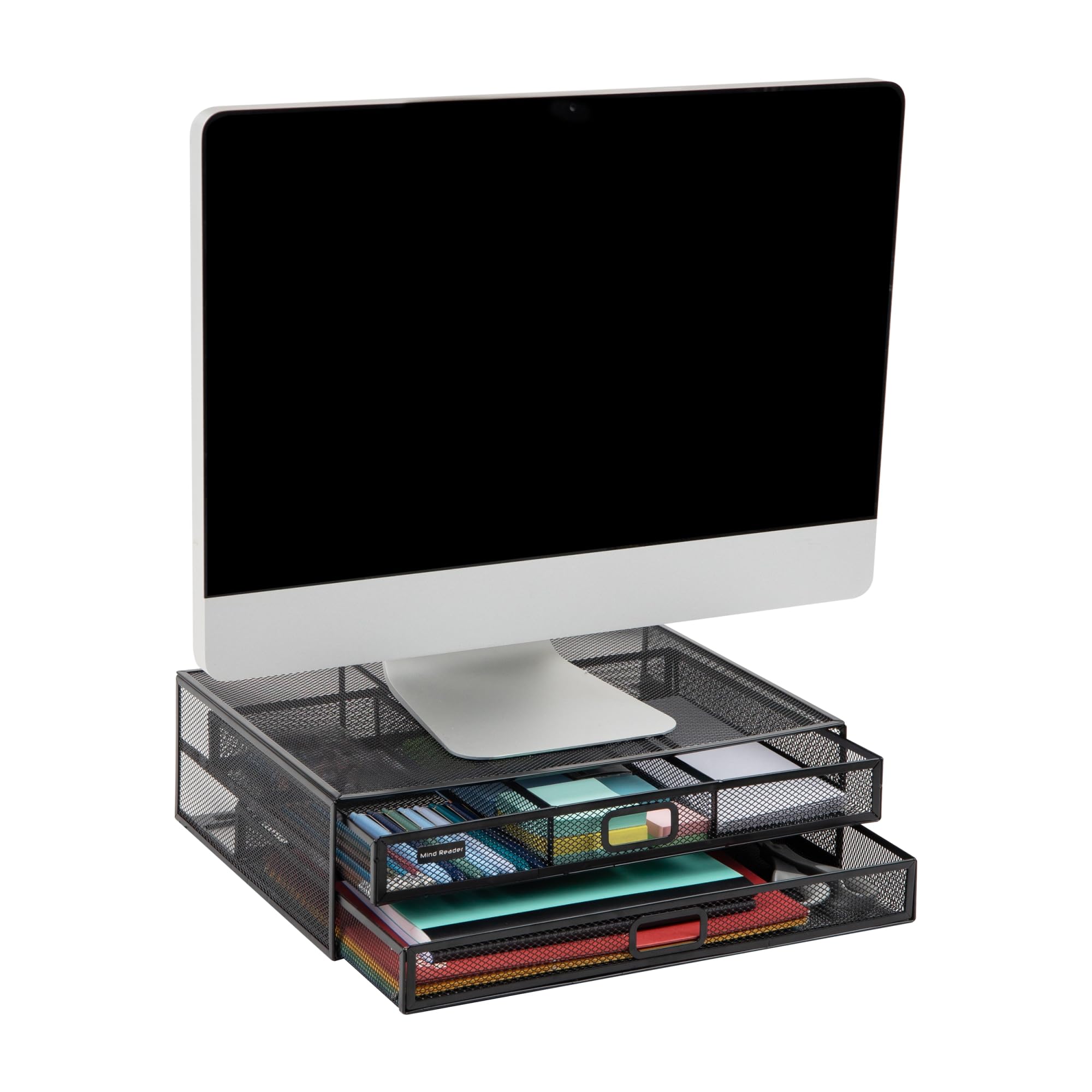 Mind Reader Monitor Stand, Ventilated Laptop Riser, Storage Drawer, Office, Metal Mesh, 15.75'L x 11.75'W x 4.5'H, Black
