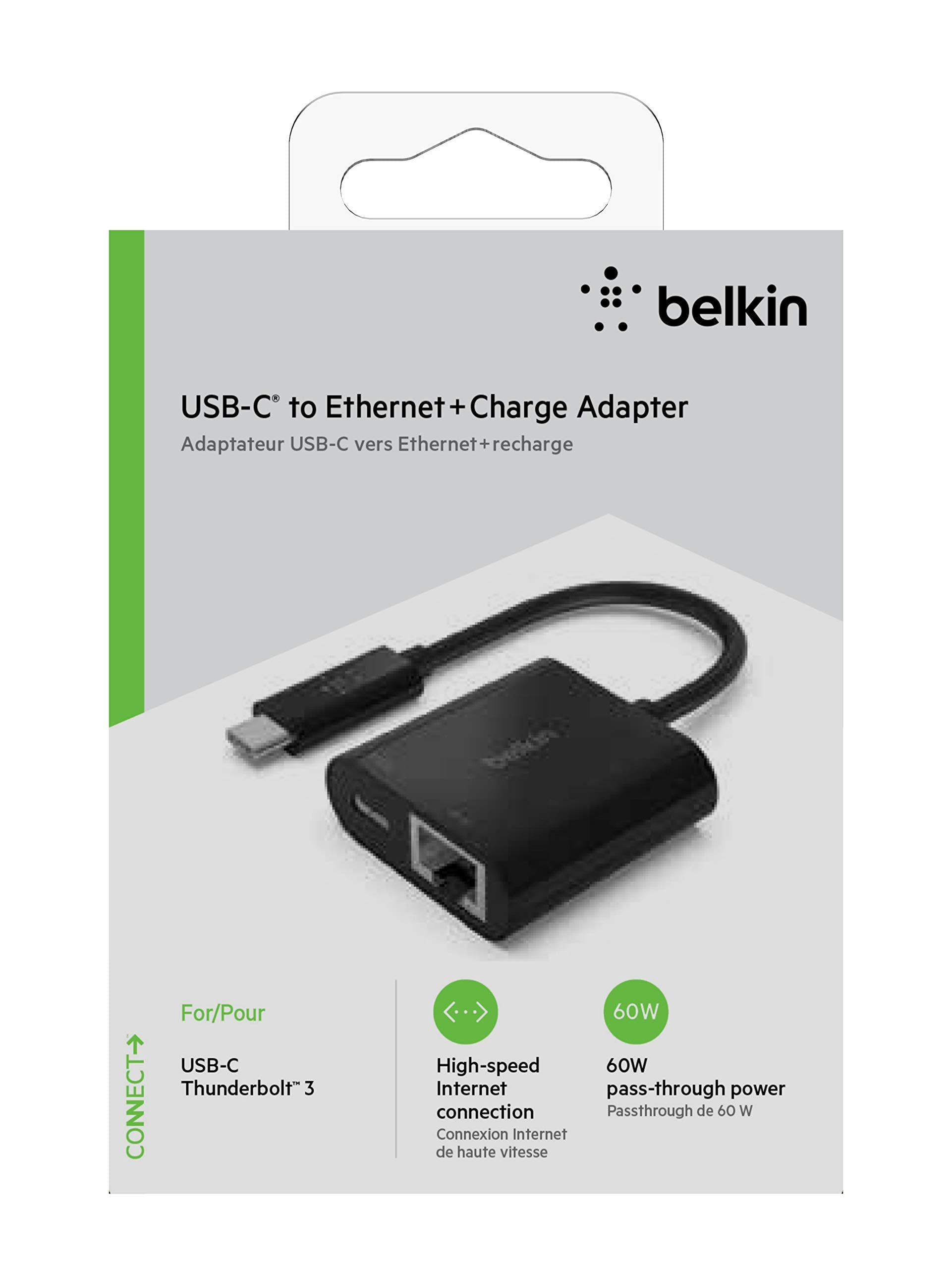 Belkin 60W Usb C To Ethernet + Charge Adapter   Gigabit Ethernet Port Compatible With Usb C Devices   Usb C To Ethernet Cable Fo