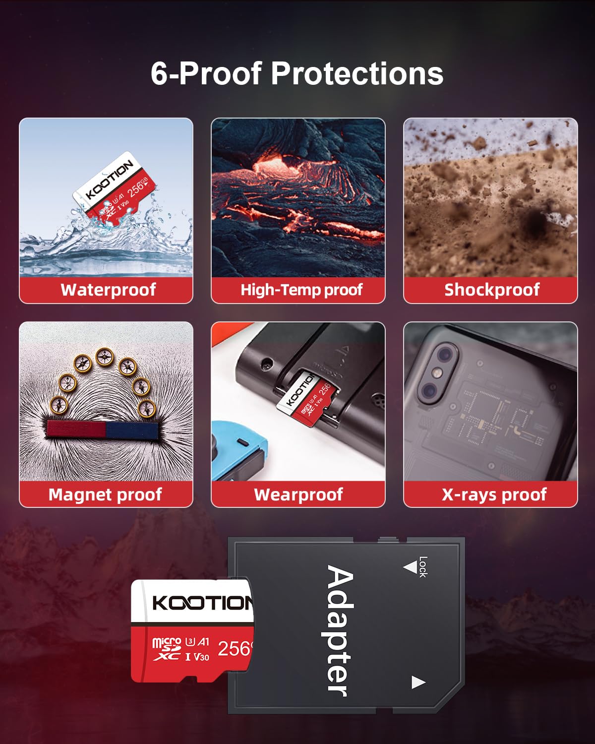 Kootion 256Gb Micro Sd Card Uhs I U3 V30 4K For Camera/Action Camera/Drone/Smartphone, Class 10 Microsdxc Memory Card With Adapt