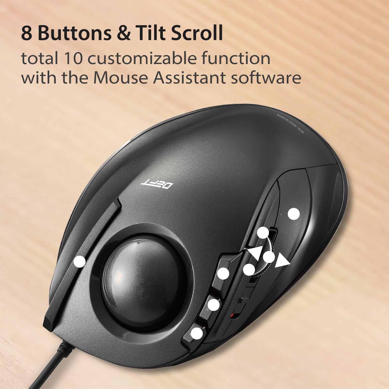 Elecom Deft Trackball Mouse, Wired, Finger Control, 8 Button Function With Smooth Tracking, Ergonomic Design, Windows11, Macos (