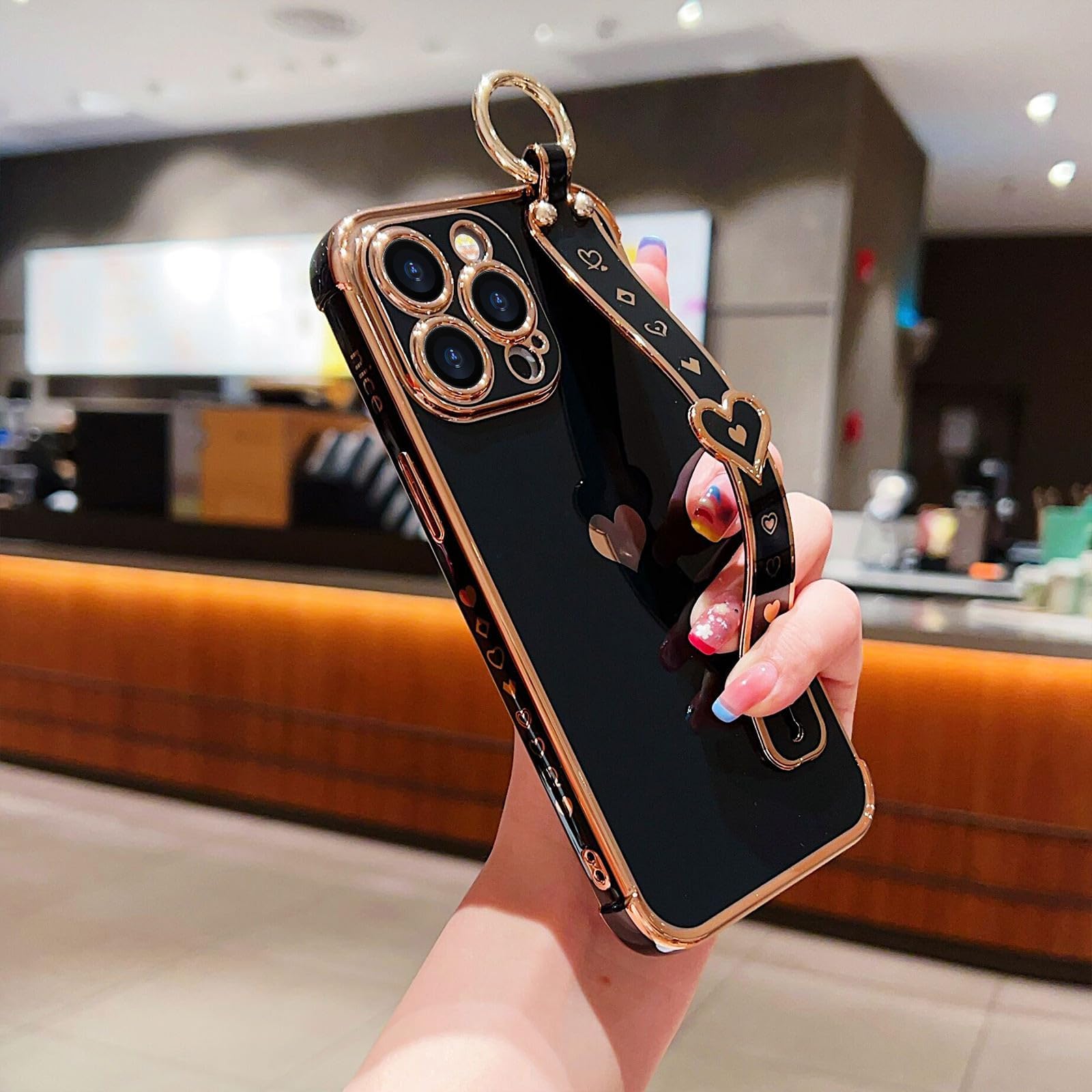 Llz.Coque For Iphone 15 Pro Max Case With Strap For Women Girls [2   Screen Protectors], Cute Love Hearts Design, Wristband Kick