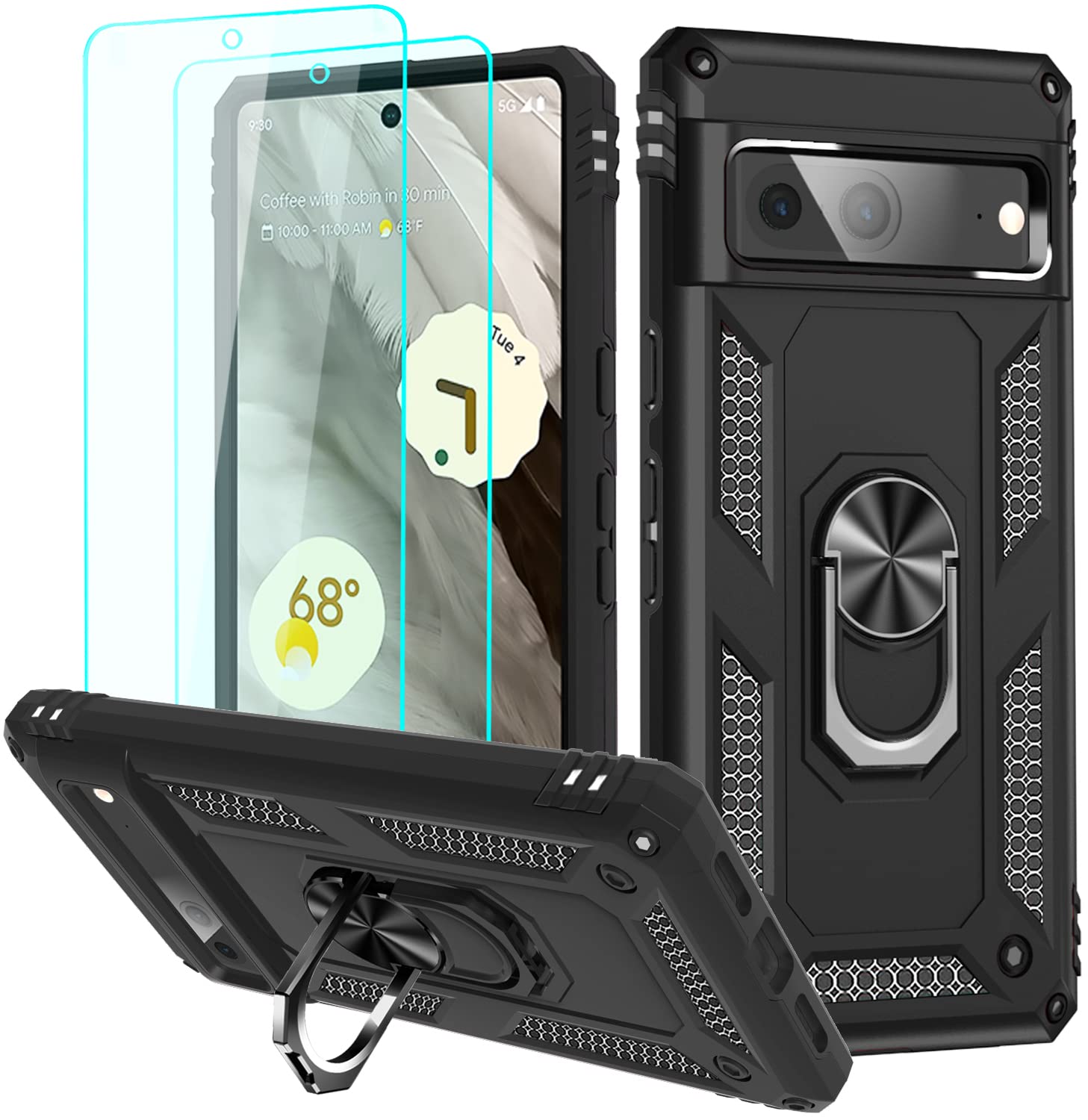 ZMPHG Pixel 7 5G Phone Case Military Grade Shockproof with Rotatable Magnetic Ring Kickstand & HD Screen Protector Black