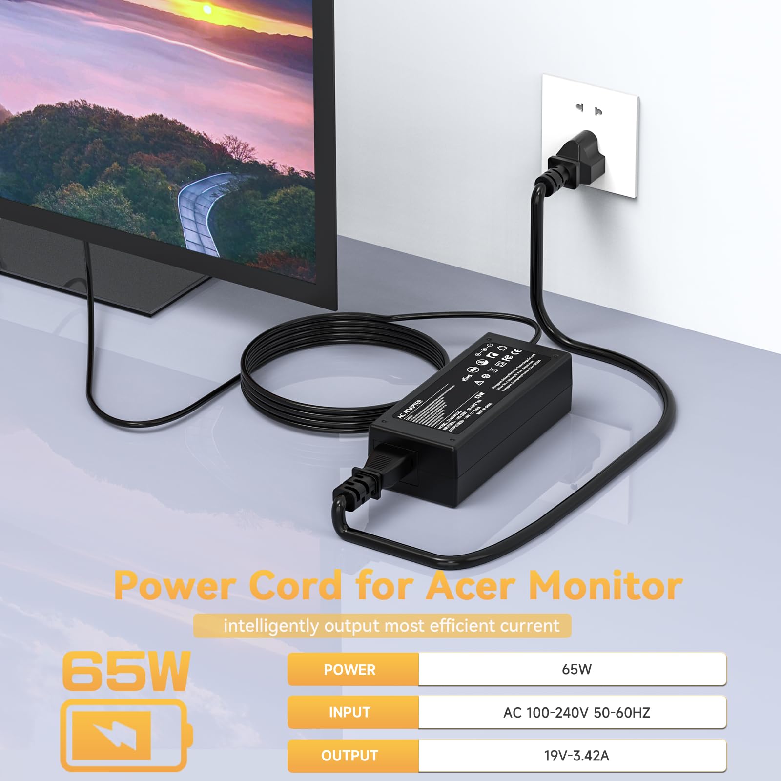 19V Power Cord For Acer Monitor S202Hl S271Hl Sb220Q R240Hy R221Q R271 S220Hql S230Hl S231Hl S232Hl S240Hl S241Hl; H226Hql H236Hl H276Hl G226Hql G236Hl G246Hl Gn246Hl Monitor Power Supply 65W