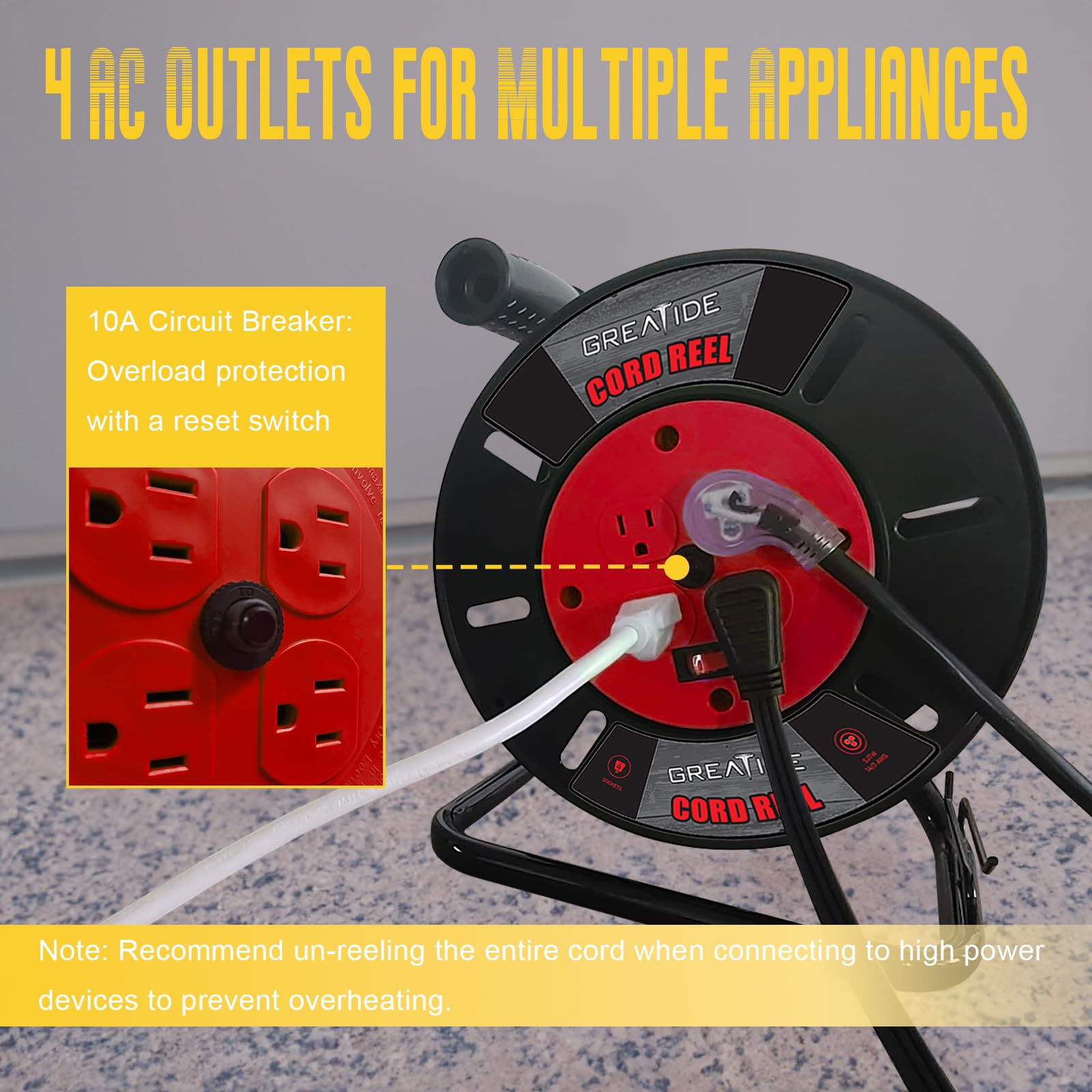 Greatide Heavy Duty Extension Cord Storage Reel With 4 Grounded Outlets, 10A Circuit Breaker, Retractable Hand Wind, Portable Em