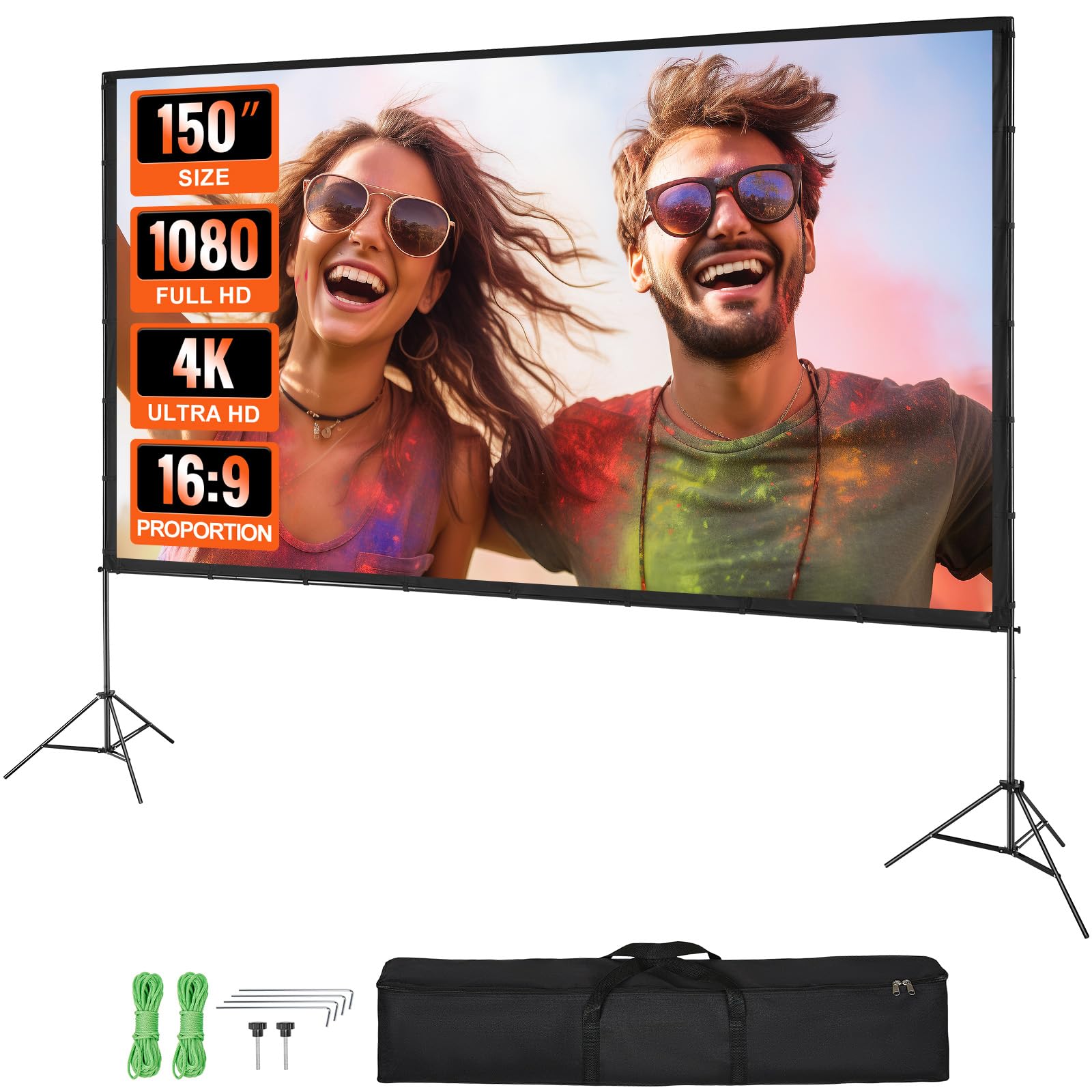 VEVOR Projector Screen with Stand, 150 inch 16:9 4K 1080 HD Outdoor Movie Screen with Stand, Wrinkle-Free Projection Screen with