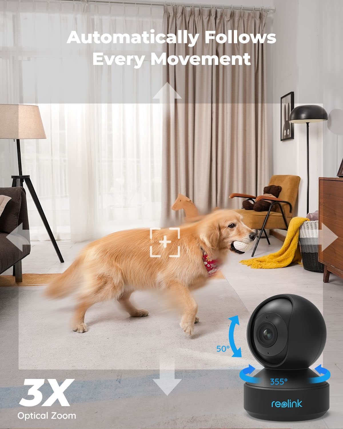 Reolink 5Ghz Wifi Indoor Camera, 5Mp Plug In Security Camera With 3X Optical Zoom, 360 Degree Baby/Dog Monitor With Auto Tracking, Person/Pet Detection, 2.4/5 Ghz Wifi, Local Storage, E1 Zoom