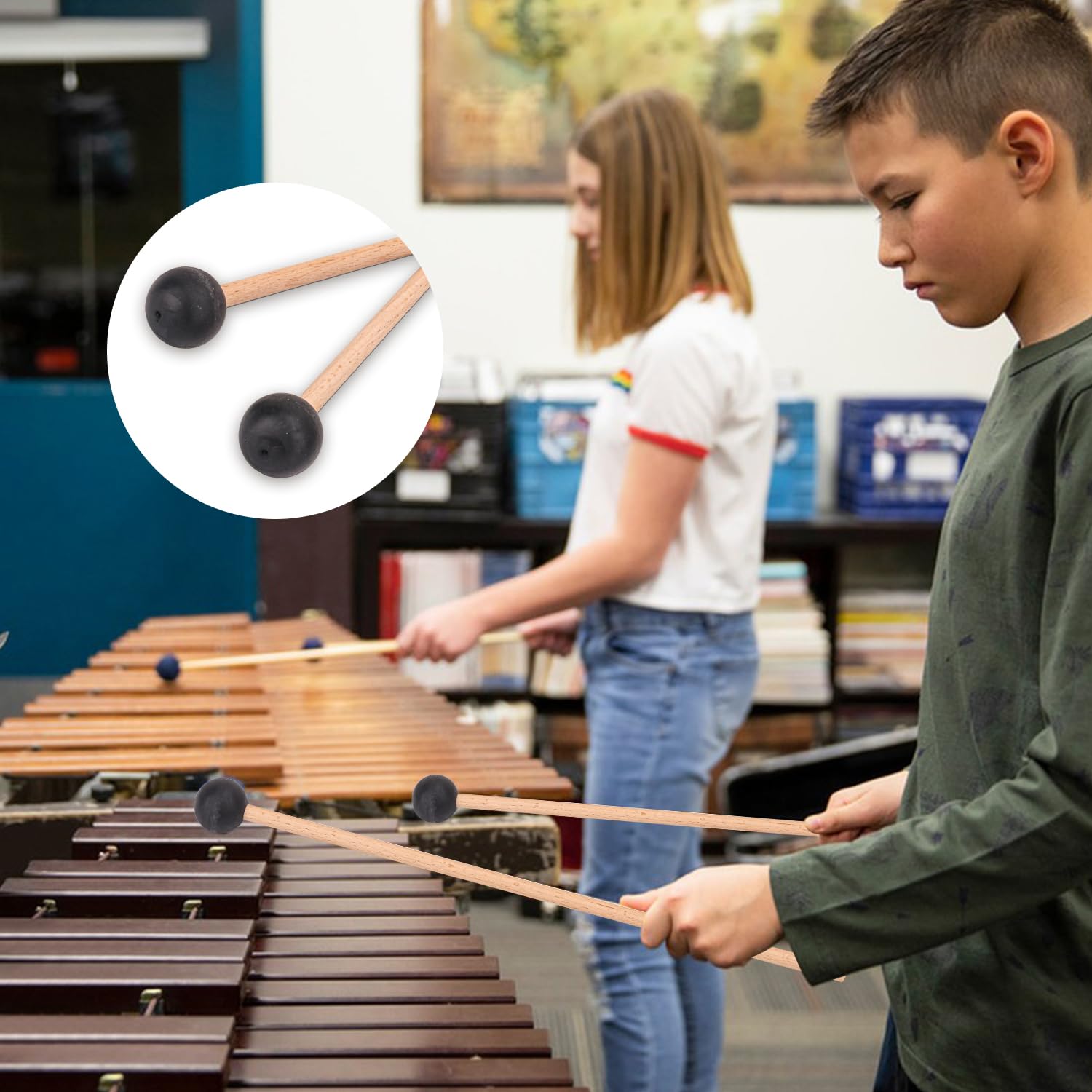 Geytetqi 4 Pair Black Bell Mallets Glockenspiel Sticks, 15 Inch Wooden Percussion Mallets, Rubber Xylophone Mallet With Wood Han