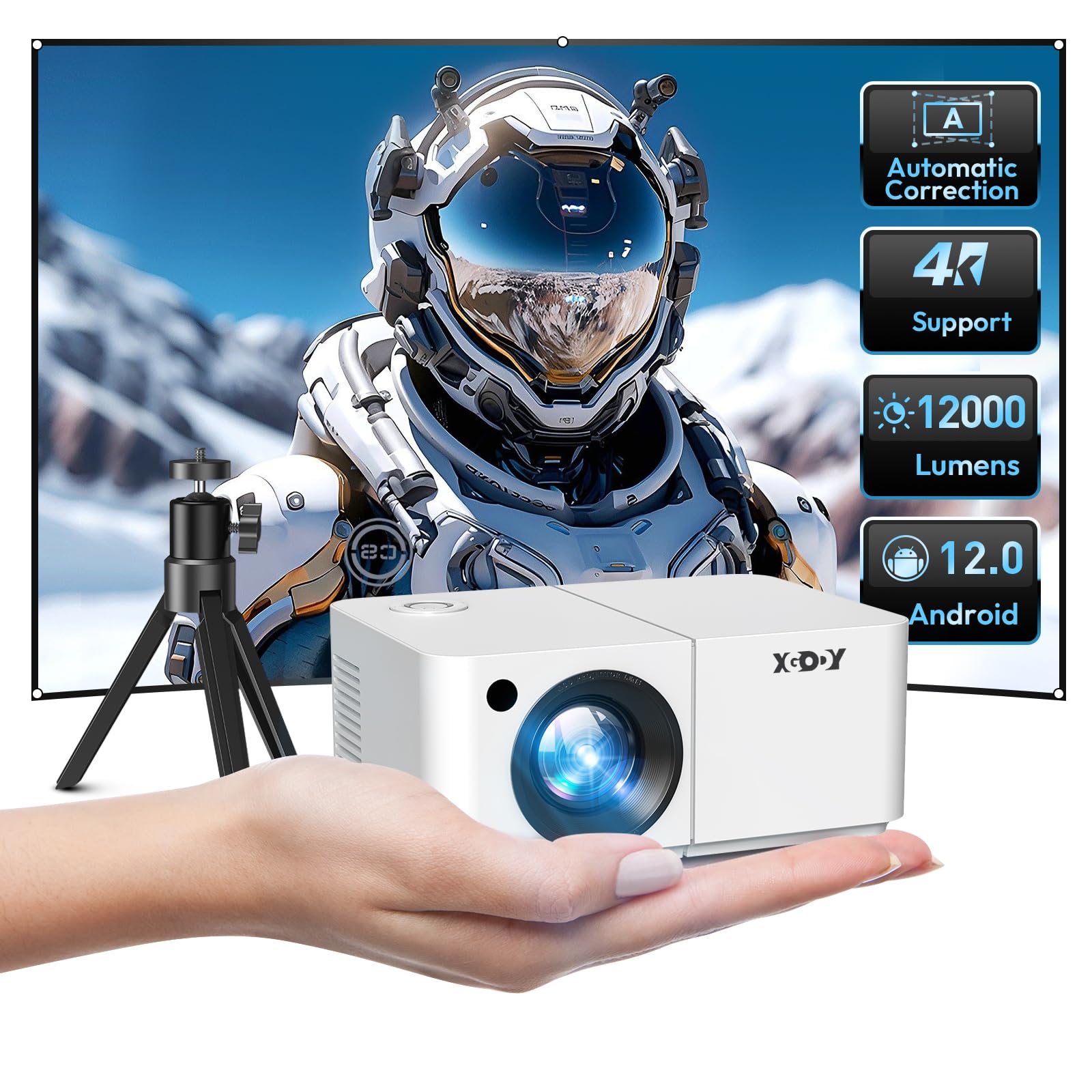 Mini Smart Projector, Xgody X2 Android 12 Portable Hd Projector 12000L 1080P Support With Wifi And Bluetooth, Electric Focus/Key