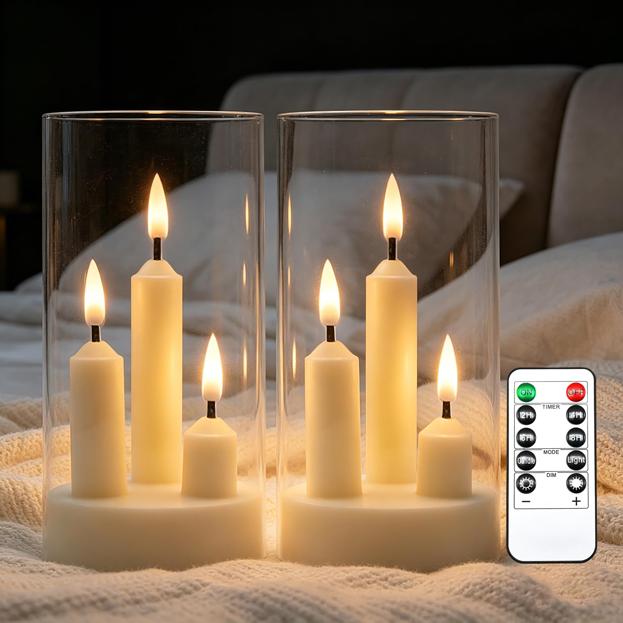 2 Pack Flameless Taper Candles, 3D Realistic Wick LED Taper Candle Lights with Clear Acrylic Cover, Remote Control Battery Opera