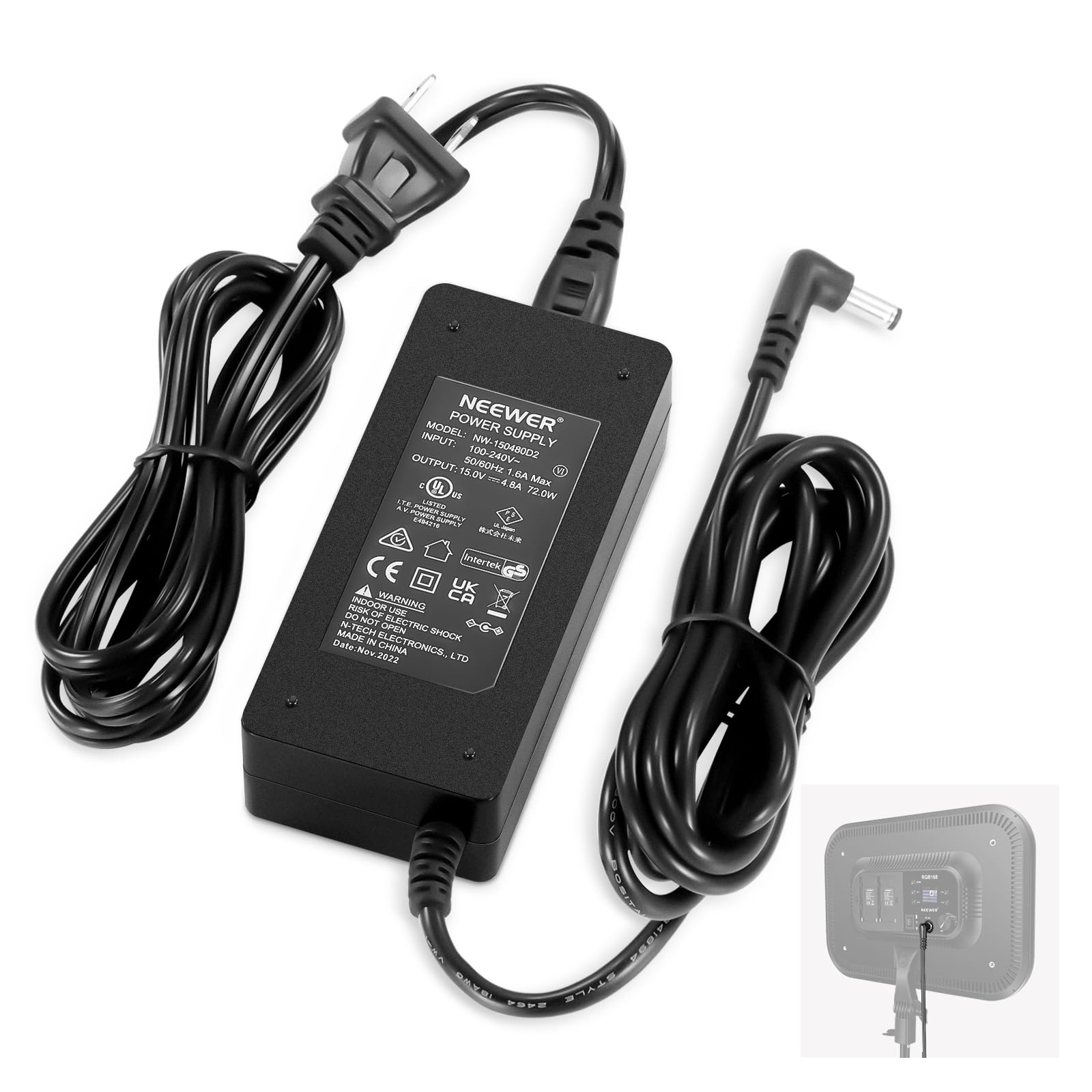NEEWER 15V 4.8A 72W Power Supply with 5.5mmx2.5mm Male DC Cord, 100240V AC to DC Power Adapter for Ring Light RL18, LED Video L
