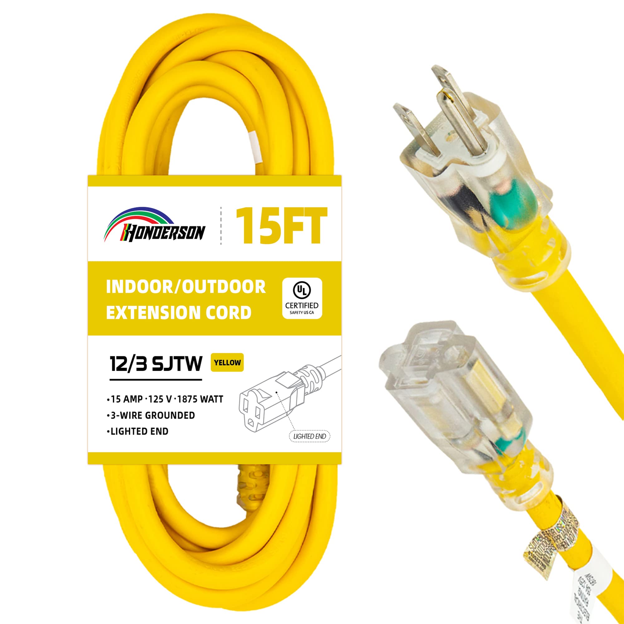 Honderson Indoor Outdoor Extension Cord Weatherproof With Lighted End, Ul Listed, 12 Gauge 15Ft Yellow 3 Prong Heavy Duty Extens