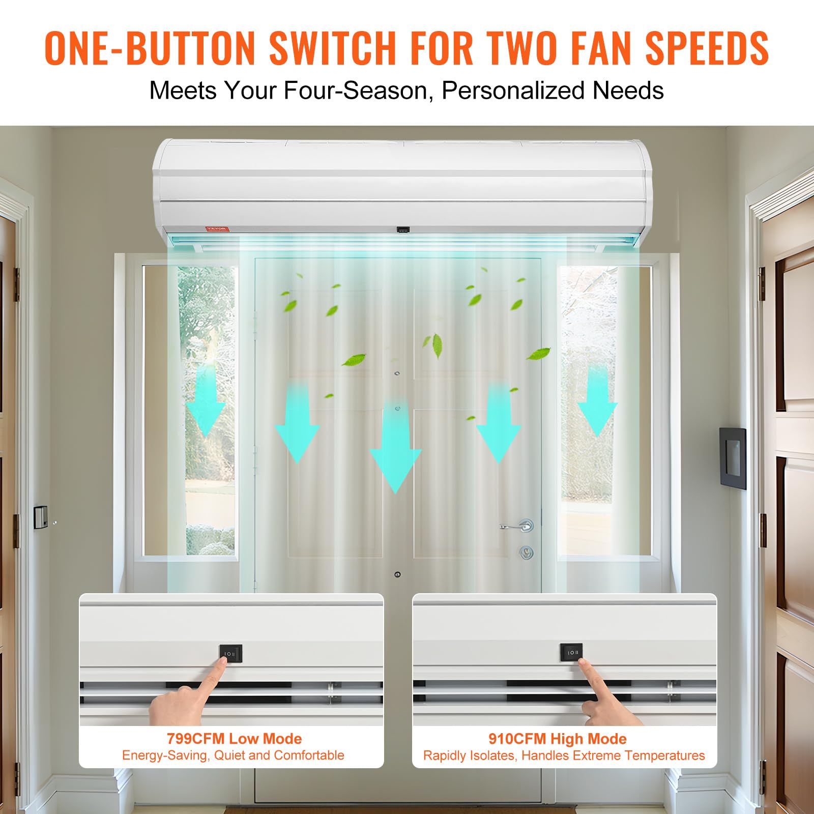 Vevor 48 Commercial Indoor Air Curtain Super Power 2 Speeds 1200Cfm, Wall Mounted Air Curtains For Doors, Indoor Over Door Fan W