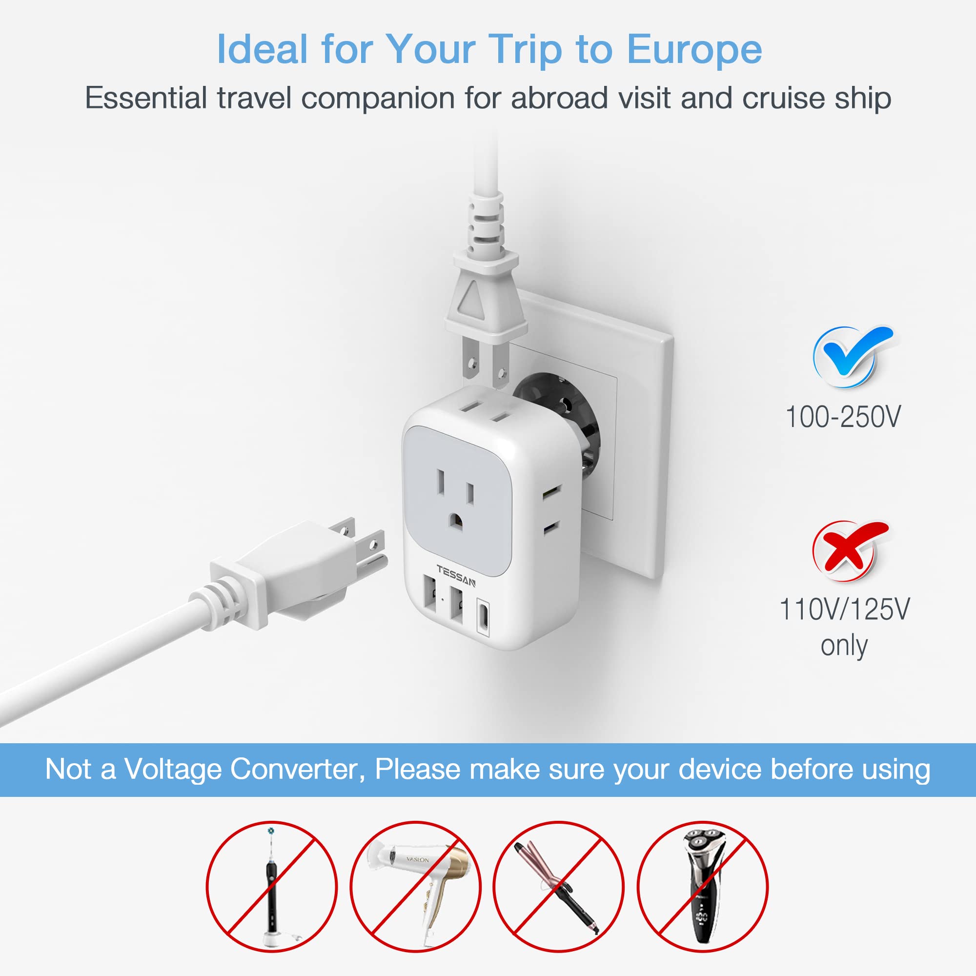 2 Pack European Plug Adapter Usb C, Tessan Us To Europe Plug Adapter With 4 Outlets 3 Usb Charger, Type C Power Adaptor To Italy
