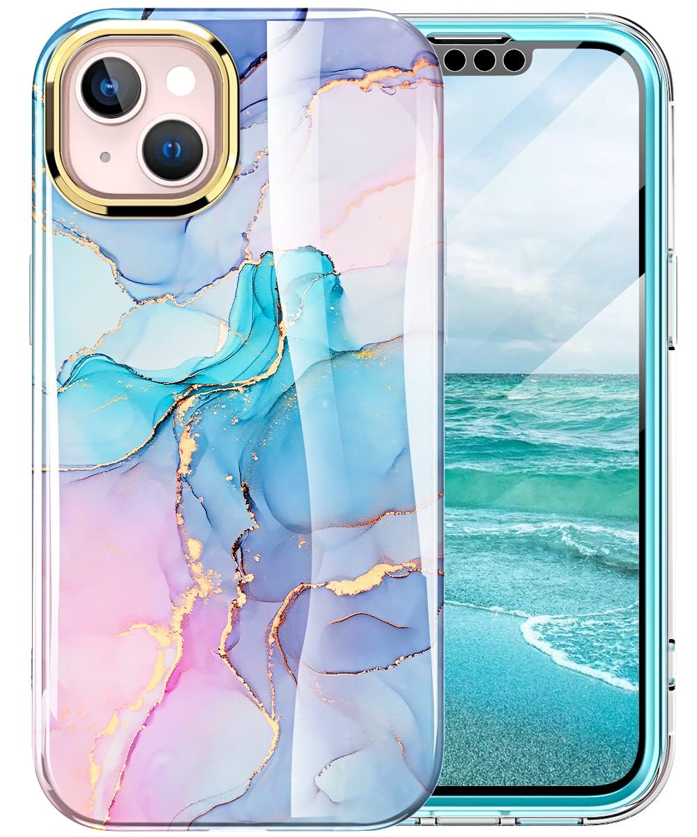 Turquiase Cute Marble Case For Iphone 13/14 6.1 Inch Built With Screen Protector, Lightweight And Stylish Full Body Shockproof P