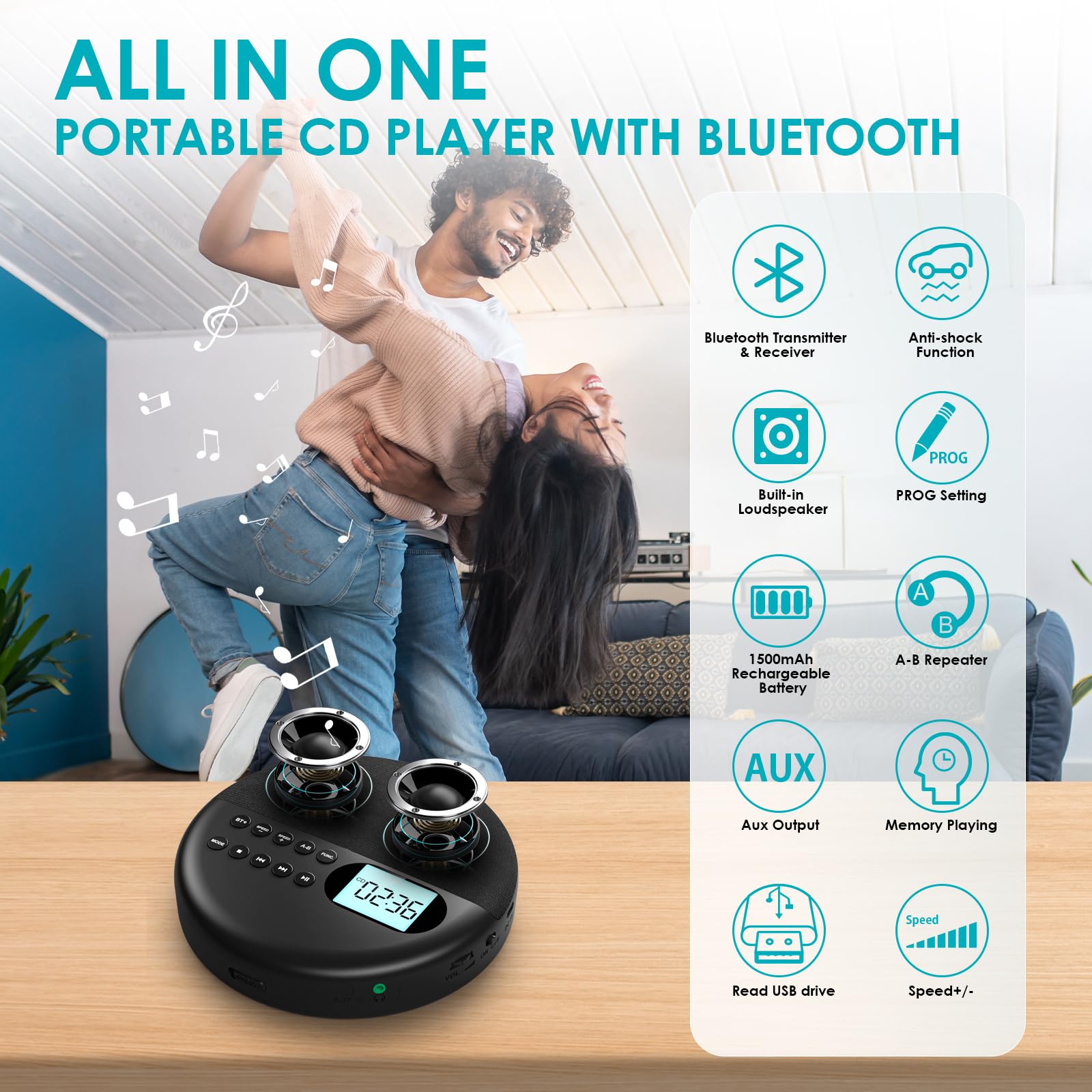 Gueray Cd Player Portable With Bluetooth Cd Player With Speakers Rechargeable 1500Mah Personal Cd Player Support Tf Card Memory