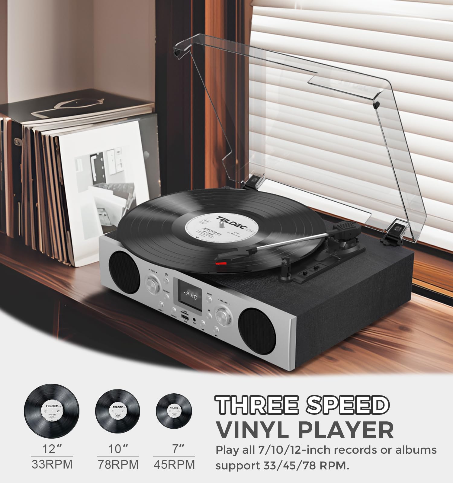 Vinylslink Record Player With Built In Speakers, Belt Driven Turntable Support 3 Speed, Fm Radio And Bluetooth Receiving, Rca Li