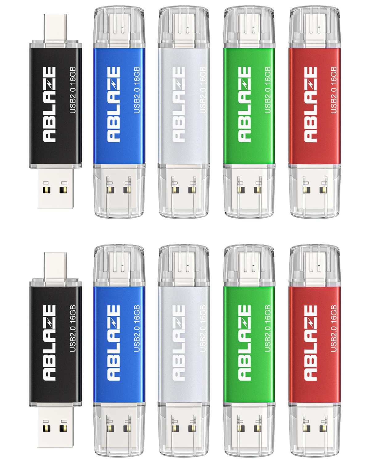 Ablaze 16Gb Type C Flash Drive 10 Pack, Dual Usb 2.0+Usb C Memory Stick 16Gb Thumb Drive For Iphone 15, Android Smartphone, Comp