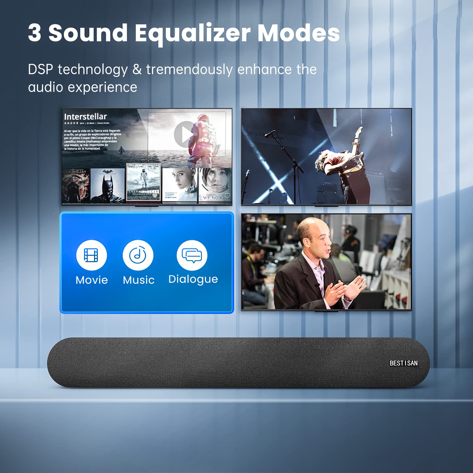 Soundbar, Bestisan 80 Watts Tv Sound Bar Home Theater Speaker With Hdmi, Optical, Rca, Aux Port, Bluetooth 5.0, Movie/Music/Dial