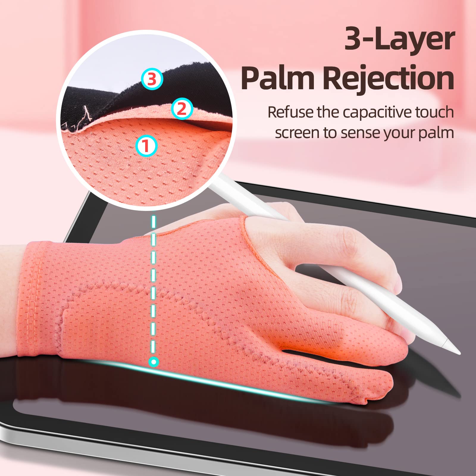 Artist Drawing Glove For Women [2 Pack Pink] 3 Layer Palm Rejection Right/Left Hand Digital Graphic Tablet Ipad Art Gloves Two F