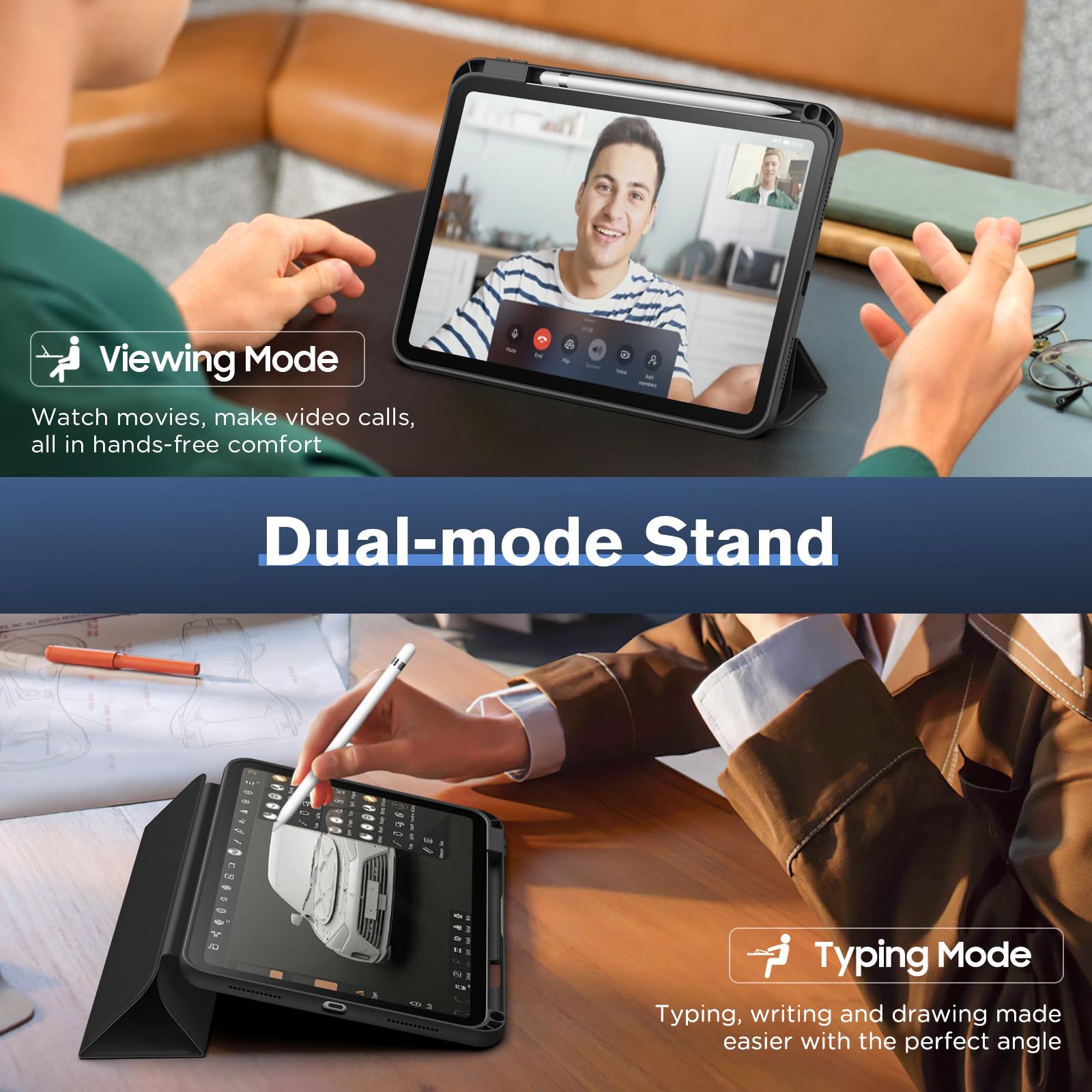 MoKo for iPad 10th Generation 10.9 Inch Case 2022 with Pencil Holder, Smart Trifold Protective iPad Case with Soft TPU Back Stand Cover for 10th gen iPad 2022, Hollow Logo/Auto Wake/Sleep, Black