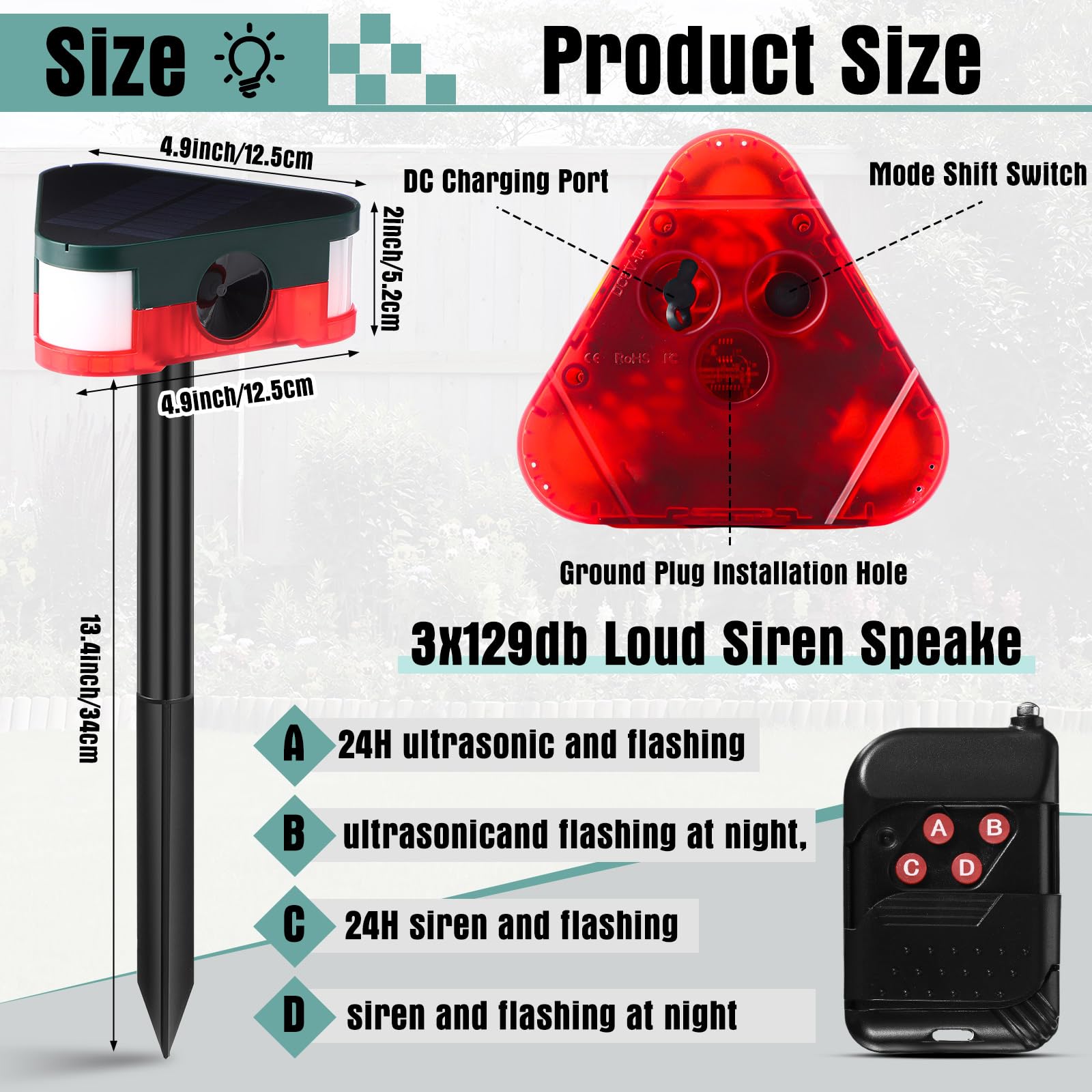 Qualirey 4 Pack Solar Outdoor Ultrasonic Mouse Repellent Animal Deterrent With Alarm Strobe Light Remote Control 129Db Loud Nois