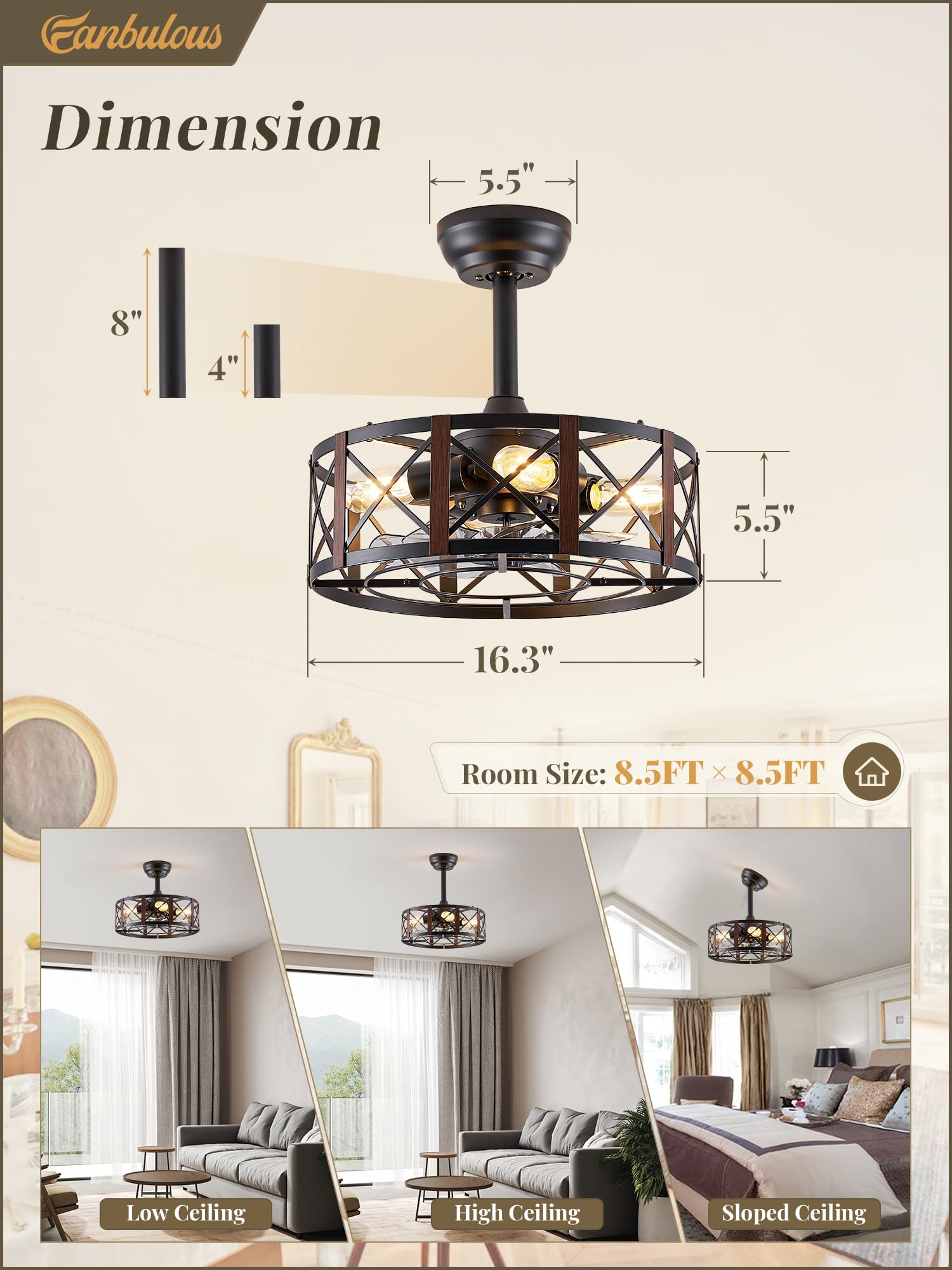 Fanbulous 16In Caged Ceiling Fans With Lights And Remote, Fandelier Ceiling Fan With 6 Speeds And Timing, No Beep, Farmhouse Sam