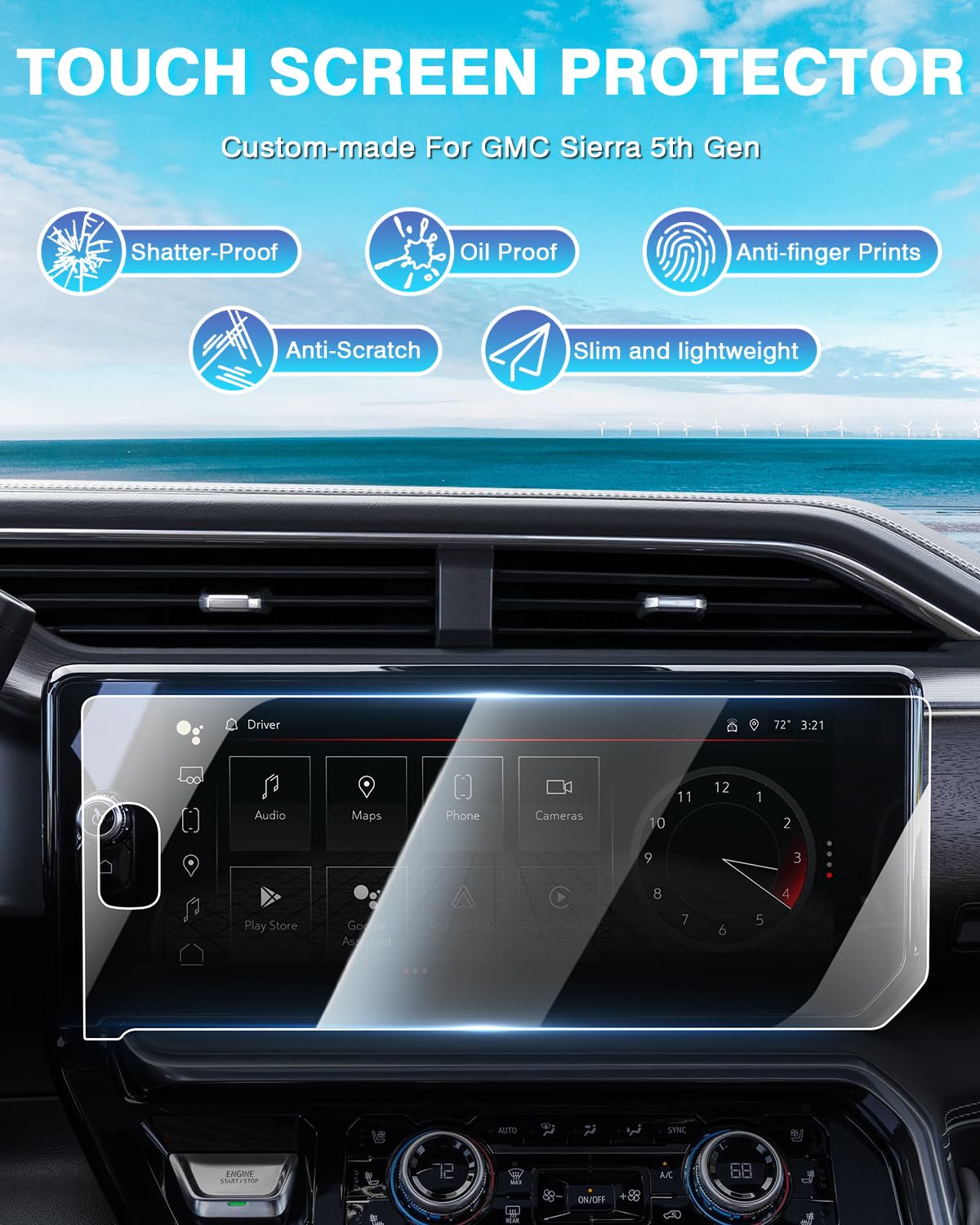 Karltys 2Pcs 2025 Sierra Screen Protector For 2022 2025 Gmc Sierra 1500, 2024 2025 Sierra 2500Hd 3500Hd 13.4 Inch Touchscreen Cover, Ultra Clear Anti Glare Tempered Glass (With One Button)