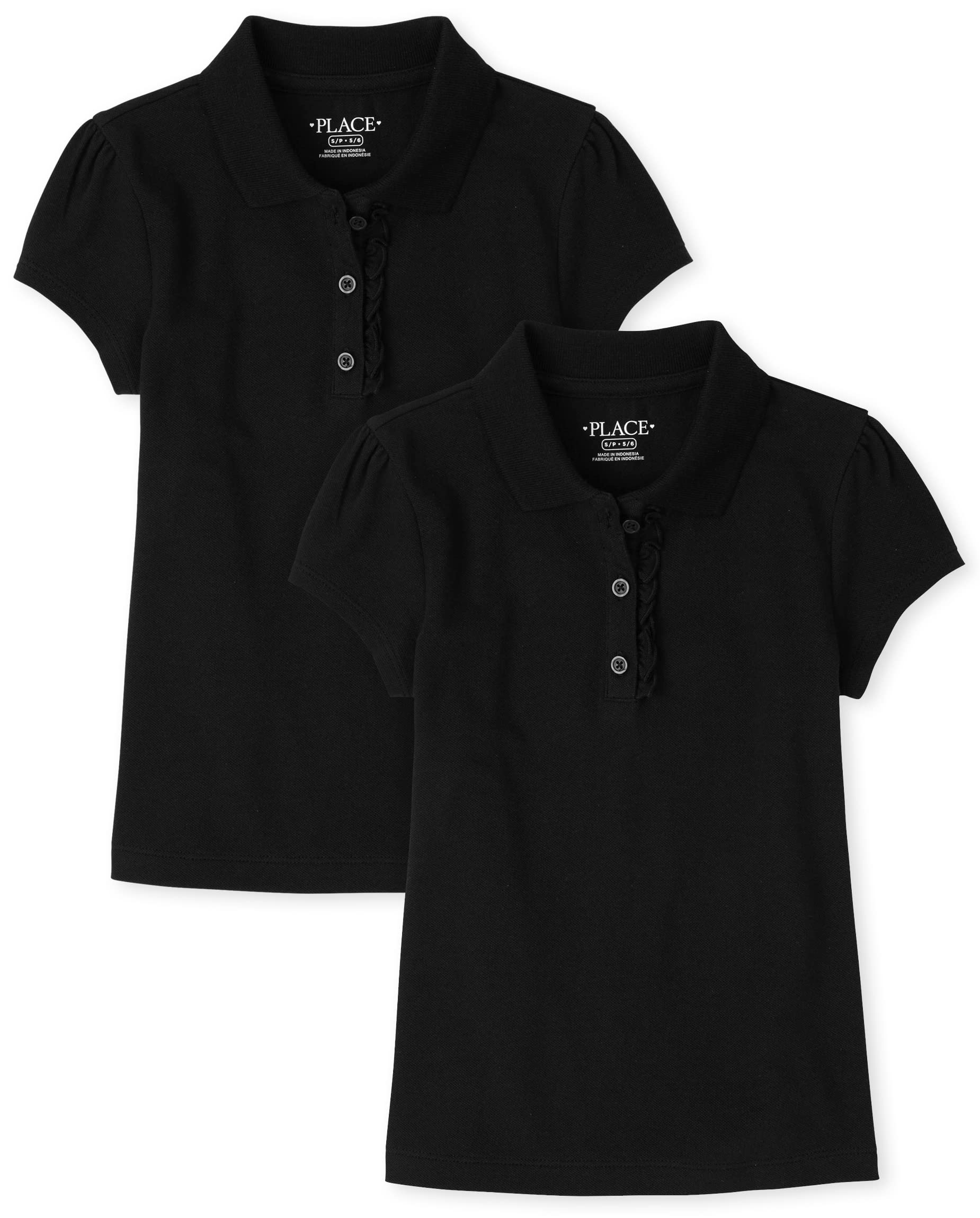 The Childrens Place Girls Short Sleeve Ruffle Pique Polo,Black 2 Pack,S (56)