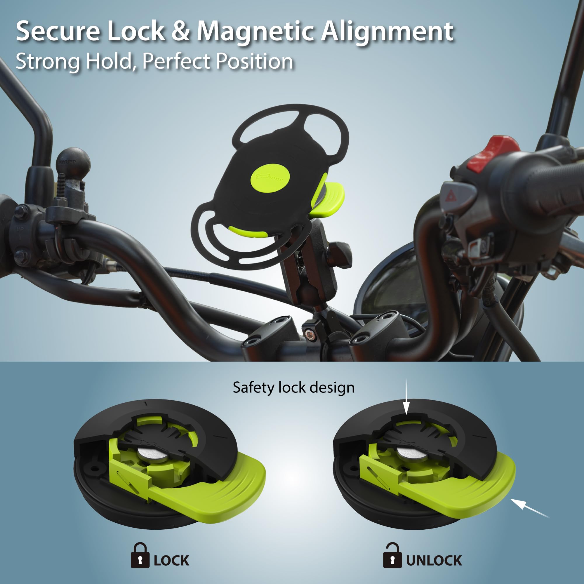 Bone Moto Tie Connect Kit 3 - Handlebar, Magnetic Motorcycle Phone Mount, Detachable & 360 Rotatable, Heavy Duty & Shock-Absorbi