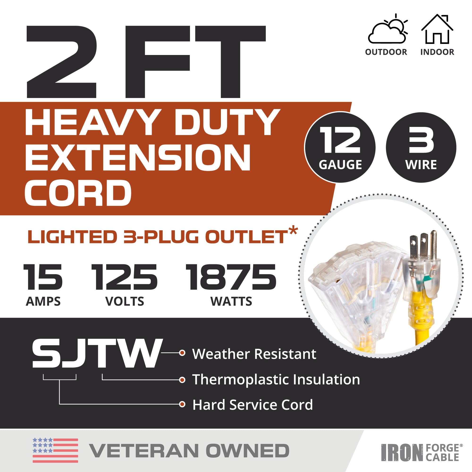 Iron Forge Cable 2 Foot Lighted Outdoor Extension Cord With 3 Outlets - 12/3 Sjtw Heavy Duty Yellow Extension Cable 3 Prong - Mu