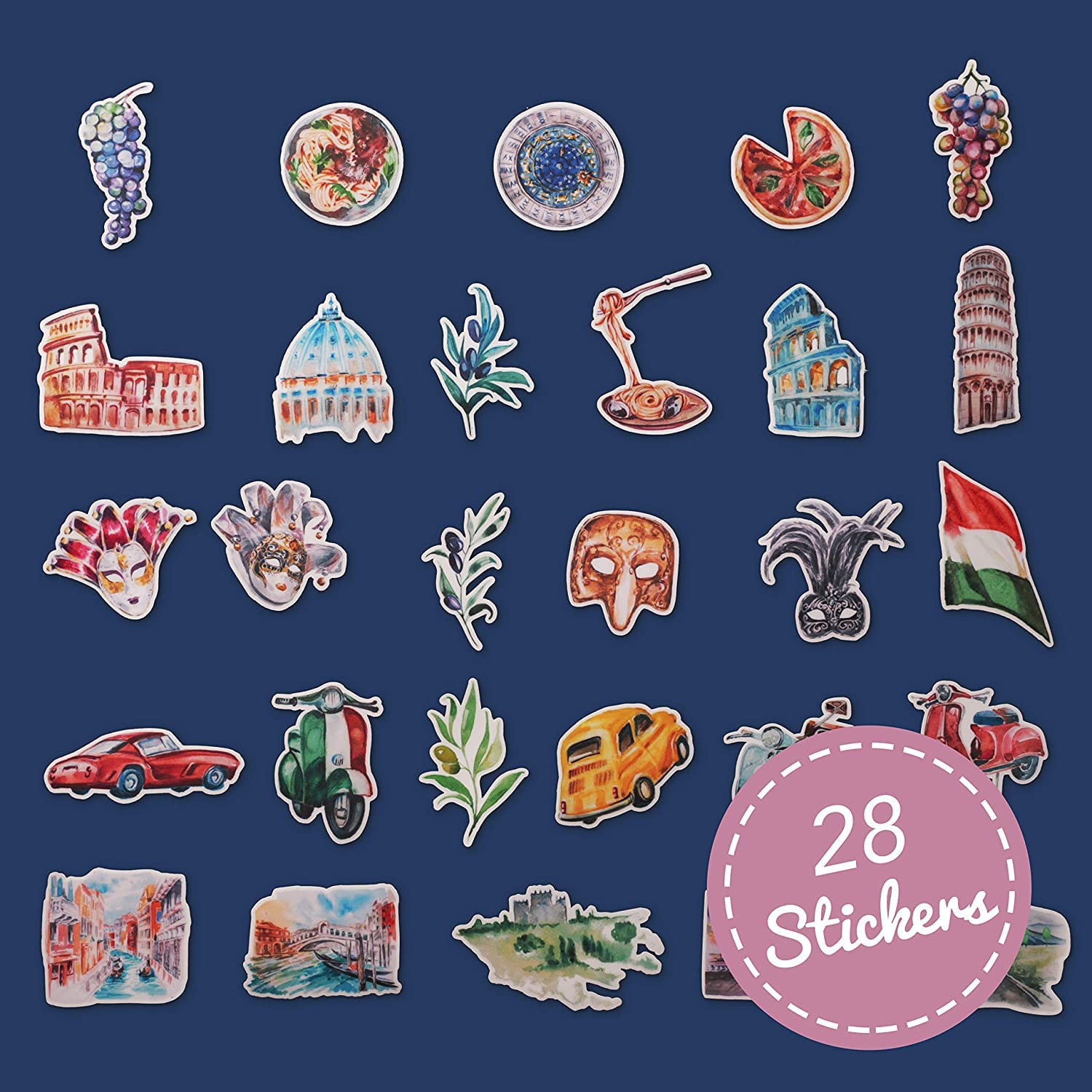 Navy Peony Inspiring Italy Travel Stickers (28 Pack)   Cute, Waterproof, Small | Aesthetic Adventure Decals For Water Bottles, L