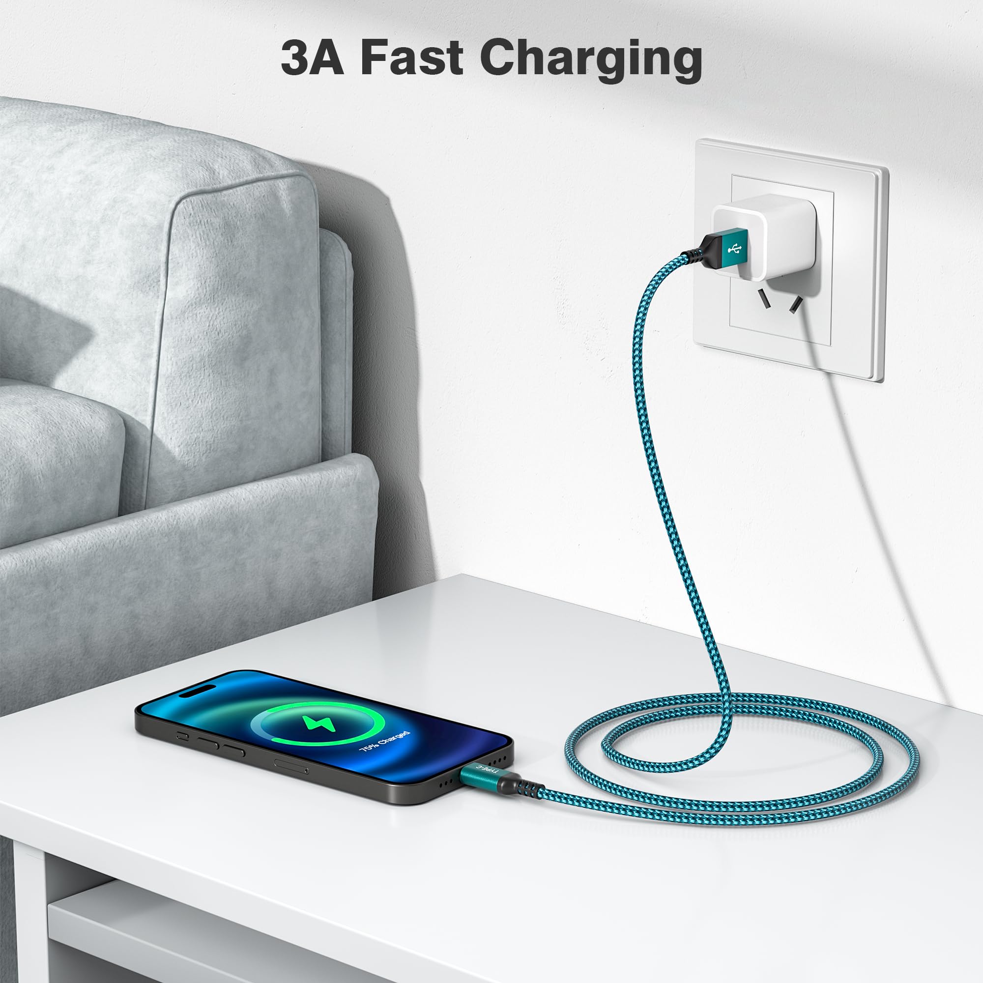 Elebase Usb C Car Charger Cable 3 Pack 1.5/3.3/6.6Ft,Usbc Charging Cord For Iphone 15 16 Max Samsung Galaxy S8 S9 S20 S21 S22 S2