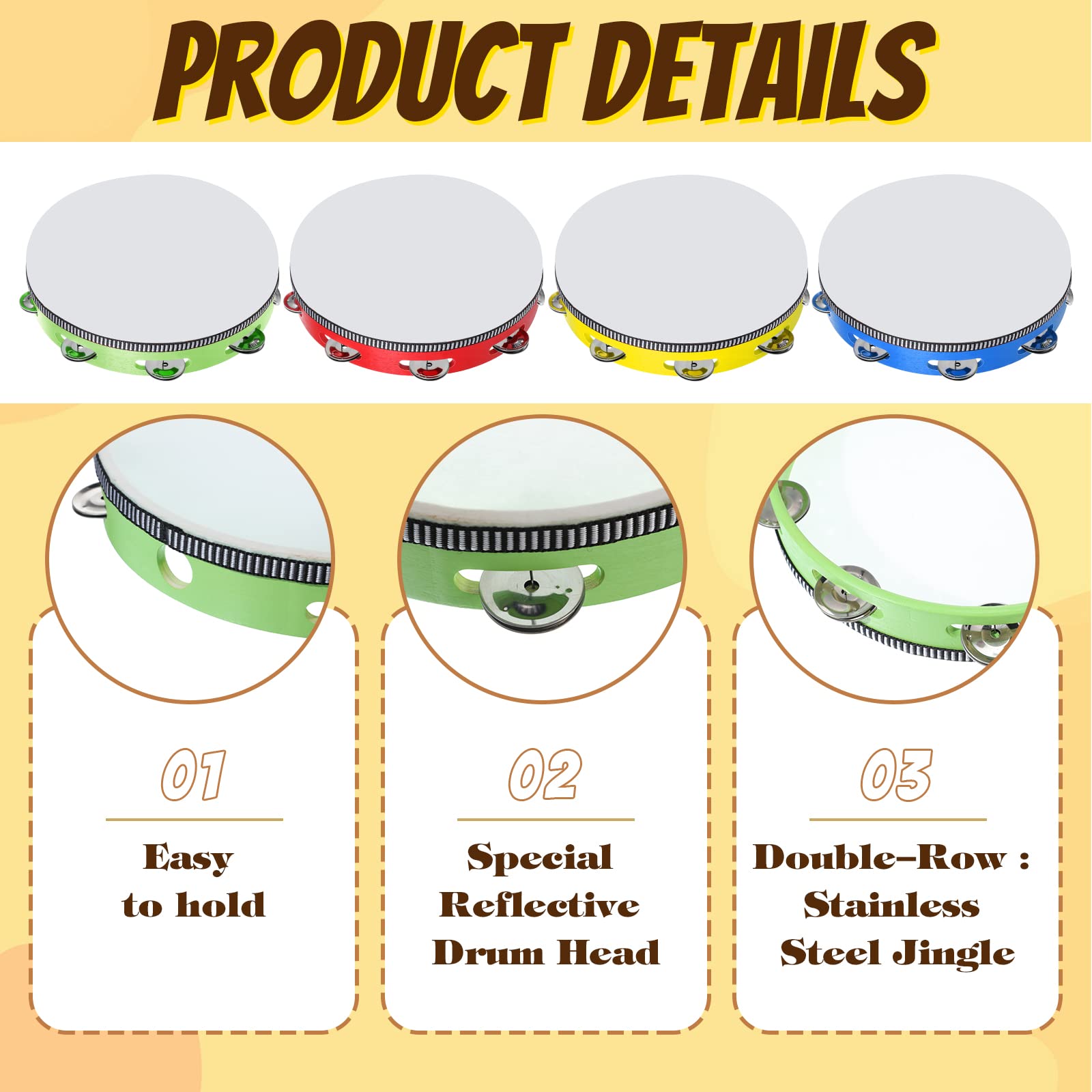 4 Pcs Tambourines For Adults 10 Inch Hand Held Drum Bell Birch Metal Jingles Single Row Wooden Tambourine Rhythm Educational Mus